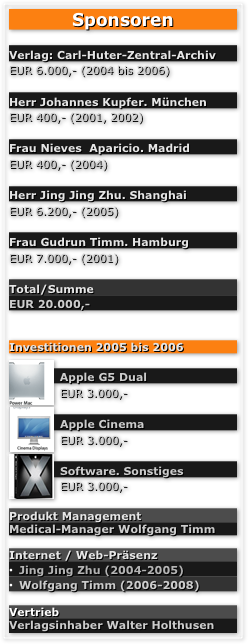 Sponsoren

Verlag: Carl-Huter-Zentral-ArchivEUR 6.000,- (2004 bis 2006)
Herr Johannes Kupfer. München
EUR 400,- (2001, 2002)
Frau Nieves  Aparicio. Madrid
EUR 400,- (2004)
Herr Jing Jing Zhu. ShanghaiEUR 6.200,- (2005)
Frau Gudrun Timm. HamburgEUR 7.000,- (2001)
Total/SummeEUR 20.000,-

Investitionen 2005 bis 2006
￼
Apple G5 Dual
EUR 3.000,-￼
Apple Cinema
EUR 3.000,-
￼
Software. Sonstiges
EUR 3.000,-Produkt Management
Medical-Manager Wolfgang Timm
Internet / Web-PräsenzJing Jing Zhu (2004-2005)
Wolfgang Timm (2006-2008)

Vertrieb
Verlagsinhaber Walter Holthusen