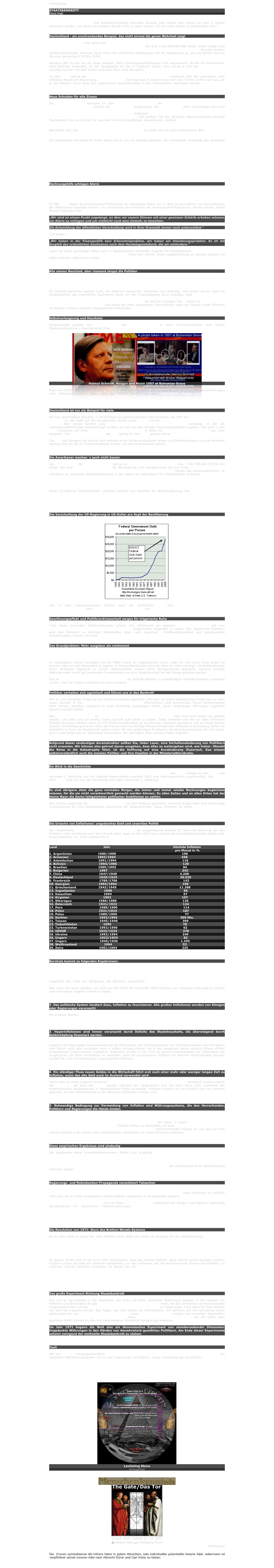 Fortsetzung

STAATSBANKROTT
Claus Vogt

„Nahezu alle wichtigen Staaten der Welt haben in den vergangenen Jahrzehnten eine regelrechte Verschuldungsorgie erlebt. Die Staatsverschuldung Amerikas, Europas oder Japans kann längst nur noch in Zahlen gemessen werden, von denen die meistern Bürger nicht zu sagen wissen, mit wie vielen Nullen sie geschrieben wird.“


Deutschland - ein erschreckendes Beispiel, das nicht einmal die ganze Wahrheit zeigt

Beispiel Deutschland: Hier belief sich die Gesamtverschuldung aller öffentlicher Haushalte nach der Masstricht-Berechnungsmethode per Ende 2005 auf 1,52 Bio. EURO, das sind 1.520.000.000.000 EURO. Diese riesige Zahl beinhaltet darüber hinaus nicht einmal einen großen Teil staatlicher Zahlungsversprechungen. Aus den sozialen Sicherungssystemen kommen heute schon klar erkennbare Belastungen auf die Staatskasse zu, die weit größer sind als die oben genannten 1,52 Bio. EURO.

Übrigens darf es sich nur der Staat erlauben, diese Zahlungsverpflichtungen nicht auszuweisen. Würde ein Unternehmer diese Methode anwenden, die der Gesetzgeber für sich in Anspruch nimmt, dann würde er sich der Bilanzfälschung schuldig machen. Vor dem Gesetz sind eben doch nicht alle gleich.

Im Jahr 2005 betrug das Defizit aller öffentlichen Haushalte Deutschlands - wiederum nach der unehrlichen, aber offiziellen Maastricht-Abgrenzung - 74,3 Mrd EURO. Der Staat gab in diesem einen Jahr also 74 Mrd. EURO mehr aus, als er den Bürgern durch seine gut organisierten Steuereintreiber in den Finanzämtern abpressen konnte. 74 Mrd. EURO Schulden in einem einzigen Jahr!


Neue Schulden für alte Zinsen

Die Steuereinnahmen betrugen im Jahr 2005 453 Mrd. EURO; die Zinsausgaben des Staates auf den bestehenden Schuldenberg wurden mit 64 Mrd. EURO ausgewiesen. Die Zinsausgaben allein verschlangen also rund 14% des gesamten Steueraufkommens. Jeder siebte EURO der Steuereinnahmen wird also für Zinszahlungen auf den bislang angehäuften Schuldenberg benötigt. Außerdem entsprechen diese 64 Mrd. EURO Zinsausgaben stattlichen 86,5% Neuverschuldung des Jahres 2005. Den größten Teil der jährlichen Neuverschuldung benötigt Deutschland also nicht etwa für eventuell sinnvolle langfristige Investitionen, sondern schlicht und einfach, um die Zinsen seiner bestehenden Kredite zahlen zu können.

Betrachtet man den 40-Jahre-Zeitraum von 1965 bis 2005, so ergibt sich ein ganz erstaunliches Bild: Die Summe aller Zinszahlungen des Staates beläuft sich auf 1.317,4 Mrd. EURO.

Der pensionierte Ministerialrat Dieter Meyer hat es sich zur Aufgabe gemacht, die verheerende Finanzlage des deutschen Staates in den Blick der Öffentlichkeit zu rücken. Seiner Arbeit „Die Schuldenfalle“ (www.staatsverschuldung-schuldenfalle.de) habe ich die hier genannten Zahlen entnommen. Er bewertet die Schuldensituation folgendermaßen:

„Die Kreditfinanzierung der öffentlichen Haushalte ist daher zum fiskalisch nutzlosen Selbstzweck entartet. Sie dient nicht mehr der eigentlichen Haushaltsdeckung, sondern der Finanzierung der von ihr selbst erzeugten Tilgungs- und Zinsausgaben mit der Folge eines eigendynamisch immer schneller und steiler werdenden Schuldenberges zu Lasten der nachfolgenden Generationen. Die mit Verwaltungsreformmaßnahmen, Ausgabeeinsparungen und Steuererhöhungen neu gewonnenen Haushaltsmittel versickern bereits einige Jahre später wieder in neuen riesigen Haushaltslöchern, die von den schneller und steiler als die Steuereinnahmen wachsenden Zinseszinsausgaben gegraben werden.“


Rechnungshöfe schlagen Alarm

Selbst die deutschen Rechnungshöfe haben aufgrund der krisenhaften Staatsverschuldung längst Alarm geschlagen. Schließlich müssen sich die gut dotierten und gut ausgebildeten Experten im Staatsdienst um ihre eigenen Pensionen sorgen.

Im Mai 2004 legten die Rechnungshof-Präsidenten ein vierseitiges Papier vor, in dem sie eine Reform zur Konsolidierung der öffentlichen Haushalte fordern. Die Vorsitzende der Konferenz der Rechnungshof-Präsidenten, Martha Jansen, stellte damals Folgendes fest:

„Wir sind an einem Punkt angelangt, an dem wir unsere Stimme mit einer gewissen Schärfe erheben müssen, um Alarm zu schlagen und um vielleicht noch eine Umkehr zu bewirken.

Die Entwicklung der öffentlichen Verschuldung wird in ihrer Dramatik immer noch unterschätzt.“

Und weiter:

„Wir haben in der Finanzpolitik kein Erkenntnisproblem, wir haben ein Umsetzungsproblem. Es ist die Sorgfalt des ordentlichen Kaufmanns nach dem Handelsgesetzbuch, die wir einfordern.“

Lesen Sie diese gewichtigen Sätze einer in Staatsdiensten stehenden Expertin für Staatsfinanzen, die sich Sorgen um ihre eigene Versorgung im Alter machen muss, ruhig noch einmal. Diese Lagebeurteilung ist überaus brisant und dabei natürlich vollkommen richtig. Auch Ihre Zukunft, lieber Leser, wird von den hier beschriebenen Problemen maßgeblich beeinflusst werden.


Alle wissen Bescheid, aber niemand stoppt die Politiker

Alle wissen Bescheid - Ökonomen, Ministerialbeamte und die von ihnen informierten Politiker. Die Staatsfinanzen befinden sich in einem verheerenden Zustand. Die Situation ist unhaltbar, und der eingeschlagene Weg führt zwingend in den Staatsbankrott.

Ein Erkenntnisproblem besteht nicht, die allgemein bekannten Tatsachen sind unstrittig. Alle wissen darum, dass die Sorgfaltspflicht des ordentlichen Kaufmanns dieser Art des Finanzgebarens strikt verbietet. Aber Politiker sind eben keine ordentlichen Kaufleute. Generationen von Politikern aller jemals an der Regierung beteiligten Personen haben diese Sorgfaltspflicht missachtet. Jahrzehntelang - bis auf den heutigen Tag - haben sie eine eindeutig unseriöse Finanzpolitik betrieben. Und einige der Täter vergangener Tage besitzen sogar die Chuzpe, heute öffentlich als Mahner in dieser delikaten Angelegenheit aufzutreten.


Selbstverleugnung und Heuchelei

Beispielsweise gefielen sich Lothar Späth und Helmut Schmidt in einer TV-Dokumentation zum Thema Staatsverschuldung in heuchlerischer Pose.

￼￼
Helmut Schmidt. Reagan and Nixon 1957 at Bohemian Grove

Nach dem Motto: „Die größten Kritiker der Elche sind meistens selber welche“ scheint den beiden Alt-Staatsmännern ganz nach Politikerart nichts, aber auch gar nichts peinlich zu sein. Schließlich trugen beide Herren in verantwortungsvoller Regierungsposition ihren nicht unerheblichen Teil dazu bei, dass die Staatsfinanzen sich heute in dem beschriebenen jämmerlichen Zustand befinden.


Deutschland ist nur ein Beispiel für viele

Die hier beschriebene Situation in Deutschland ist selbstverständlich kein Einzelfall. Sie trifft auf alle Industrienationen der Welt zu, das heißt auf alle europäischen Länder sowie Japan und die USA. Dabei tun sich die USA besonders hervor. Hier wurde kürzlich eine offizielle Schätzung der Staatsverschuldung vorgelegt, in der die Zahlungsverpflichtungen berücksichtigt wurden, die sich aus den sozialen Sicherungssystemen ergeben. Man geht in den USA inzwischen von einer Gesamtverschuldung des Staates in Höhe von rund 50 Billionen US-Dollar aus. Zum Vergleich: Das Bruttoinlandsprodukt der USA betrug im Jahr 2005 gerade einmal 12,4 Billionen Dollar.

Das BIP gibt übrigens die Summe aller während eines Jahres produzierten Waren und Dienstleistungen zu ihren aktuellen Marktpreisen an, die im Inland hergestellt wurden und dem Endverbrauch dienen.



Die Amerikaner machen´s auch nicht besser

Die Verschuldung der Bundesregierung betrug im Fiskaljahr 2005  7,9 Billionen bzw. 7.932.709.661.723,50 US-Dollar. Das sind 26.750 Dollar pro Kopf der Bevölkerung, vom Neugeborenen bis zum Greis. Gut die Hälfte dieses gigantischen Schuldenbergs wurde erst in den 1990er Jahren angehäuft - obwohl das Steueraufkommen im Verhältnis zur gesamten Wirtschaftsleistung in den 90ern ein Rekordhoch für Friedenszeiten erreichte. Die Regierung der USA kreierte in den 90ern  2,87 Billionen neue Staatsschulden. Das ist mehr als vom Tag der Gründung der USA bis 1990 aufgelaufen war! Und seit den Terroranschlägen des Jahres 2001 kamen weitere 2,1 Billionen Dollar hinzu.

Diese 7,9 Billionen Staatsschulden umfassen lediglich den Haushalt der Bundesregierung. Die anderen öffentlichen Haushalte sitzen auch noch auf 1,7 Billionen Dollar Schulden. Und die staatlichen Zahlungsverpflichtungen für die beiden Sozialsysteme „Social Security“ und „Medicare“ werden mit 7 Bio. bzs. mit 37 Bio. Dollar angesetzt. Insgesamt ergibt sich daraus ein Schuldenberg von 53,6 Bio. Dollar. Doch auch diese Berechnung ist noch nicht komplett. Beispielsweise berücksichtigt sie nicht die Pensionszusagen der Staatsbediensteten.


Die Verschuldung der US-Regierung in US-Dollar pro Kopf der Bevölkerung


￼

Wie in allen Industrienationen häuften auch die US-Politiker seit dem Ende des Bretton Woods Weltwährungssystems eine gigantische Staatsverschuldung auf.


Gewöhnungseffekt und Politikverdrossenheit sorgen für trügerische Ruhe

Trotz dieser horrenden Größenordnungen scheint sich mittlerweile ein gewisser Gewöhnungseffekt und eine erschreckende Gleichgültigkeit in der Bevölkerung einigermaßen eingestellt zu haben. Den regierenden Politikern wird eine Rückkehr zu seriösem Wirtschaften kaum noch zugetraut - Politikverdrossenheit und resignierendes Schulterzucken machen sich breit.


Das Grundproblem: Mehr ausgeben als reinkommt

Schon immer hatten die herrschenden Politiker der Welt ein Problem: Liebend gerne möchten sie mehr Geld ausgeben als sie haben.

In vergangenen Zeiten benötigten sie die Mittel häufig für unglaublichen Luxus, oder um sich einen Krieg leisten zu können, oder um sich Verbündete zu kaufen. In Massendemokratien wird das Geld vor allem benötigt, um Wählerstimmen durch Wohltaten regelrecht zu kaufen. Wechselwähler werden durch Wahlgeschenke angelockt, während wichtige Wählergruppen durch lieb gewonnene Zuwendungen aus dem Staatshaushalt bei der Stange gehalten werden.

Das ist die Logik moderner Massendemokratien, die deshalb allesamt zu ausgeprägten Wohlfahrtsstaaten umgebaut wurden. Das hat System und lässt sich leicht erklären.


Politiker verhalten sich egoistisch und führen uns in den Bankrott

Wer an eine freiwillige Änderung des Politikerverhaltens appelliert, offenbart mit dieser idealistischen Forderung vor allen eines: Naivität. Er hat die Regeln einer Massendemokratie offensichtlich nicht durchschaut. Deren Funktionsweise führt nämlich geradezu zwingend zu einer kurzfristig ausgelegten Politik, deren langfristigen Wirkungen ungestraft ignoriert werden dürfen.

Das Ziel moderner Politiker ist die kurzfristige Wählerstimmenmaximierung. Hier und heute wollen sie gewählt werden, und dafür sind sie bereit, unsere Zukunft aufs Spielt zu setzen. Dabei verhalten sich die zur Wahl stehenden Politiker durchaus rational, wenn sie ihre Politik ausschließlich an kurzfristigen Aspekten ausrichten und die etwas fernere Zukunft schlichtweg ignorieren. Denn die Früchte einer kurzfristige Wählerzufriedenheit stiftenden Entscheidung dürfen sie schließlich in Form von Machterhalt selbst ernten. Mit den langfristigen Problemen, die diese Entscheidung mit sich bringt, wird in aller Regel erst ihr Nachfolger konfrontiert, der womöglich einer anderen Partei angehört. Rational im Sinne der eigenen Karriere, ruinös im Sinne langfristiger, allgemeiner Wohlfahrt.

Aufgrund dieser eindeutigen Anreizstruktur sollten Sie, lieber Leser, eine Verhaltensänderung von Politikern nicht erwarten. Wir können also getrost davon ausgehen, dass alles so weitergehen wird, wie bisher. Obwohl die Reise in die Katastrophe führt, ist die Hoffnung auf eine Kursänderung illusorisch. Das wissen selbstverständlich auch die meisten Politker und ihre Vasallen in der Ministerialbürokratie.



Ein Blick in die Geschichte

In Deutschland  gab es bekanntlich bereits zwei große Währungsreformen. Die erste erfolgte im Jahr 1923. Der verlorene 1. Weltkrieg und die folgende Hyperinflation machten 1923 eine Währungsreform unvermeidlich. Die zweite fand 1948 statt und war der Neuanfang nach dem verlorenen 2. Weltkrieg. In beiden Fällen verloren die Sparer die Früchte ihrer Arbeit. In beiden Fällen war ein radikaler Neuanfang unvermeidlich.

Es sind übrigens stets die ganz normalen Bürger, die immer und immer wieder Rechnungen begleichen müssen, für die sie nicht verantwortlich gemacht werden können. Zu allen Zeiten und an allen Orten hat der kleine Mann die Zeche fehlgeleiteter politischer Ambitionen zu zahlen.

Man könnte angesichts der deutschen Geschichte nun den Eindruck gewinnen, verlorene Kriege seien eine notwendige Voraussetzung für eine katastrophale Zerrüttung der Staatsfinanzen. Dieser Eindruck ist falsch. Es sind zahlreiche Beispiel von Hyperinflationen verbürgt, denen keine verlorenen Kriege vorausgingen. Also muss die Ursache woanders gesucht werden.


Die Ursache von Inflationen: ungedecktes Geld und unseriöse Politik

Der renommierte Schweizer Professor Peter Bernholz, ein ausgewiesener Experte für Geld und Währung, der den Politikern nicht leichtfertig nach dem Munde redet, legte im Jahr 2003 eine umfassende wirtschaftshistorische Studie über Hyperinflationen vor. Dazu untersuchte er folgende 29 Beispiele von Hyperinflationen:


Land                                                Jahr                                                                 Höchste Inflation
                                                                                                                                  pro Monat in %
1. Argentinien                           1989/1990                                                                    196
2. Armenien                              1993/1994                                                                    438
3. Asbaidschan                          1991/1994                                                                    118
4. Bolivien                                  1984/1986                                                                    120
5. Brasilien                                1989/1993                                                                     84
6. Bulgarien                                1997                                                                             242
7. China                                      1947/1949                                                                 4.208
8. Deutschland                           1920/1923                                                                 29.525
9. Frankreich                              1789/1796                                                                    143
10. Georgien                              1993/1994                                                                    196
11. Griechenland                       1942/1945                                                                 11.288
12. Jugoslawien                              1990                                                                          59
13. Kasachtan                                 1994                                                                          57
14. Kirgisien                                   1992                                                                         157
15. Nikaragua                            1986/1989                                                                    126
16. Österreich                            1921/1922                                                                    124
17. Peru                                      1988/1990                                                                    114
18. Polen                                    1921/1924                                                                    187
19. Polen                                    1989/1990                                                                      77
20. Serbien                                 1992/1994                                                                 309 Mio.
21. Taiwan                                  1945/1949                                                                   399
22. Tadschikistan                           1995                                                                          78
23. Turkmenistan                       1993/1996                                                                    62
24. UDSSR                                  1922/1924                                                                    278
25. Ukraine                                 1992/1994                                                                   249
26. Ungarn                                  1923/1924                                                                    82
27. Ungarn                                  1945/1946                                                                 1.295
28. Weißrussland                            1994                                                                         53
29. Zaire                                     1991/1994                                                                   225



Bernholz kommt zu folgenden Ergebnissen:

1. Alle überlieferten Hyperinflationen haben während des 20. Jahrhunderts stattgefunden, unter unterschiedlichen Papiergeldsystemen - mit Ausnahme der Hyperinflation während der Französischen Revolution, als das französische Währungssystem ebenfalls auf einem Paiergeld-Standard basierte.

Angesichts der Fülle von Beispielen, die Bernholz untersuchte, hat der weltweite Glaube an die Vorzüge, ja Notwendigkeit ungedeckten Papiergeldes, das von Zentralbanken „gehütet“ wird, geradezu etwas Religiöses. Man muss fest daran glauben, um nicht von der Macht der sinnlichen Wahrnehmung vom Gegenteil überzeugt zu werden oder wenigstens nagende Zweifel zu hegen.



2. Das politische System tendiert dazu, Inflation zu favorisieren. Alle großen Inflationen wurden von Königen oder Regierungen verursacht.

Mit anderen Worten: Politiker drucken Geld, wenn man sie lässt. Verwunderlich ist das natürlich nicht, da die Regierung beziehungsweise der Staat Hauptprofieure von Inflationen sind.



3. Hyperinflationen sind immer verursacht durch Defizite des Staatshaushalts, die überwiegend durch Geldschöpfung finanziert werden.

Diese Bedingung ist in zahlreichen Ländern, darunter USA, Deutschland und Japan, bereits seit Jahren erfüllt. Lediglich die fragwürdige Zusammensetzung der Preizindizes, die Preissteigerungen von Vermögenswerten wie Immobilien oder Aktien nicht oder zumindest nicht in vollem Umfang erfasst, hat in den vergangen Jahren deutlich höhere offiziell ausgewiesene Inflationsraten ermöglicht. Außerdem wurden in den USA die Berechnungsmethoden der Preisindizes der vergangenen 20 Jahre schrittweise so verändert, dass die ausgewiesene Inflation um mehrere Prozentpunkte geringer ausfällt als unter Verwendung der ursprünglichen Methode.



4. Ein ständiger Fluss neuen Geldes in die Wirtschaft führt erst nach einer mehr oder weniger langen Zeit zu Inflation, wenn das alte Geld auch im Ausland verwendet wird.

Hierin sehe ich einen weiteren Grund für das verzögerte Auftreten von Preissteigerungen. Schließlich werden sowohl der US-Dollar als auch der EURO gerade während der vergangenen fünf bis zehn Jahre auch außerhalb der entsprechenden Landesgrenzen in beträchtlichem Maße verwendet. Vielleicht müssen wir uns einfach noch ein bisschen gedulden, bis der Inflationsschub in den offiziellen Maßzahlen sichtbar wird.



5. Notwendige Bedingung zur Vermeidung von Inflation sind Währungssysteme, die den Herrschenden, Politkern und Regierungen die Hände binden.

Diese Bedingung erfüllt der seit dem Ende des Bretton-Woods-Währungssystems im August 1971 die monetäre Welt beherrschende Dollar-Standard nicht. Es gibt seither keinen Mechanismus mehr, der die Politiker zu einem halbwegs seriösen Umgang mit Geld zwingt. Wir leben in einem beispiellosen Zeitalter hemmungsloser monetärer Zügellosigkeit. Folglich dürfen wir bestenfalls mit einer Fortsetzung der schleichenden Enteignung durch Inflation und staatliche Umverteilung rechnen. Schlimmstenfalls müssen wir uns aber auf eine weitere Episode in der bereits recht umfangreichen Geschichte von Hyperinflationen einstellen.



Diese empirischen Ergebnisse sind eindeutig

Die Ergebnisse dieser wirtschaftshistorischen Studie sind eindeutig. Inflationen gibt es nur bei ungedeckten Papiergeldwährungen. Inflationen werden von Politkern gemacht.

Inflationen sind immer das Ergebnis einer verantwortungslosen, unseriösen Fiskal- und Geldpolitik. Inflationen werden immer durch Defizite des Staatshaushalts verursacht, die überwiegend durch Geldschöpfung finanziert werden.



Regierungs- und Notenbanken-Propaganda verschleiert Tatsachen

Die vollkommene Zerrüttung der Staatsfinanzen im Sinne einer hemmungslosen Staatsverschuldung ist nur dann möglich, wenn Politiker im Umgang mit Geld frei schalten und walten dürfen. Diese Erkenntnis ist natürlich nicht neu, sie ist in den vergangenen Jahren lediglich weitgehend in Vergessenheit geraten.

Die Propaganda der Regierungen und vor allem der Notenbanken präsentiert den Bürgern und Wählern regelmäßig Sündenböcke für bestimmte Fehlentwicklungen. Der Zusammenhang zwischen Geldentwertung, Staatsverschuldung und Geldmengenwachstum wird ganz bewusst verschleiert. Auf diese Weise wird von den eigentlichen Ursachen der Fehlentwicklungen abgelenkt, und die Täter können unerkannt ihre Pensionen genießen.



Die Revolution von 1971: Sturz des Bretton-Woods-Systems

Es ist noch nicht so lange her, dass Politiker nicht völlig frei waren im Umgang mit den Staatsfinanzen. Bis zum 15. August 1971 gab es noch ein Weltwährungssystem, das den Politikern zumindest gewisse Fesseln anlegte. Und davor gab es goldgedeckte Währungen, die Politiker dazu zwangen, nicht mehr Geld auszugeben, als sie tatsächlich zur Verfügung hatten. Das war nämlich der Sinn goldgedeckter Währungen. Sie schützten den Bürger vor unseriösen Übergriffen der Politiker. Sie schützten das Eigentum der Bürger vor den Begehrlichkeiten der Politiker.

An diesem Punkt wird es Sie nicht mehr überraschen, dass die meisten Politiker diese Fesseln gerne sprengen wollten. Folglich nutzten sie jede sich bietende Gelegenheit, um das verhasste, das sie disziplinierende System abzuschaffen. In mehreren kleinen Schritten erreichten sie dieses Ziel am 15. August 1971. An diesem denkwürdigenden Tag erklärte der damalige Präsident der Vereinigten Staaten, Richard Nixon, der Welt, dass das Versprechen, US-Dollar zum Kurs von 35 Dollar pro Feinunze tauschen zukönnen, ab sofort nicht mehr gelte. Er hob also die Konvertibilität des Dollar in Gold auf, um seine kurzfristigen und kurzsichtigen Eigeninteressen verwirklichen zu können. Damit war das Bretton-Woods-Weltwährungssystem abgeschafft.



Das große Experiment Richtung Staatsbankrott

Von nun an lag erstmals in der Geschichte das Wohl und Wehe sämtlicher Währungen weltweit in den Händen von Politikern und Bürokraten. Es gab keinen disziplinierenden Mechanismus mehr, der dem Entstehen von ökonomischen Ungleichgewichten und der Auftürmung immer höherer Staatsschulden im Wege stand. Freie Hand für freie Politiker war jetzt die tragische Devise. Was folgte, war alles andere als überraschend. Die nächsten gut drei Jahrzehnte waren gekennzeichnet von hohem Geldmengenwachstum, einer Schuldenexplosion, riesigen und scheinbar dauerhaften Handelsungleichgewichten, Spekulationsblasen sowie Finanzmarkt- bzw. Bankenkrisen. Auf der weiter oben gezeigten Grafik können Sie den hier beschriebenen Sündenfall übrigens gut erkennen.

Im Jahr 1971 begann die Welt also ein ökonomisches Experiment von atemberaubender Dimension: Ungedeckte Währungen in den Händen von demokratisch gewählten Politikern. Am Ende dieser Experimente scheint zwingend der weltweite Staatsbankrott zu stehen.



Fazit

Alle von Bernholz herausgearbeiteten Bedingungen für die Entstehung großer Inflationen sind zurzeit erfüllt. Ein regelloses Weltwährungssystem hat es den Regierenden ermöglicht, riesige Schuldenberge anzuhäufen. Eine Umkehr auf diesem ruinösen Weg würde zu einer schweren ökonomischen Anpassungskrise führen. Das freiwillige Herbeiführen dieser längerfristig unvermeidbaren Krise schein aufgrund der Mechanismen von Massendemokratien kaum möglich zu sein. Also wird die weltweit bestehende große Koalition der unseriösen Schuldenmacher auf dem eingeschlagenen Weg bleiben - und das bis zum bitteren Ende einer Hyperinflation bzw. einer Währungsreform.


￼
Levitating Stone
(Hinzugefügt)


￼
￼
Erstellt 2006. Update 12. Juli 2007
© Medical-Manager Wolfgang Timm
Fortsetzung 

Die  Kronen symbolisieren die höhere Natur in jedem Menschen, sein individueller potentieller innerer Adel. Jedermann ist verpflichtet seinen inneren Adel nach Albrecht Dürer und Carl Huter zu heben.