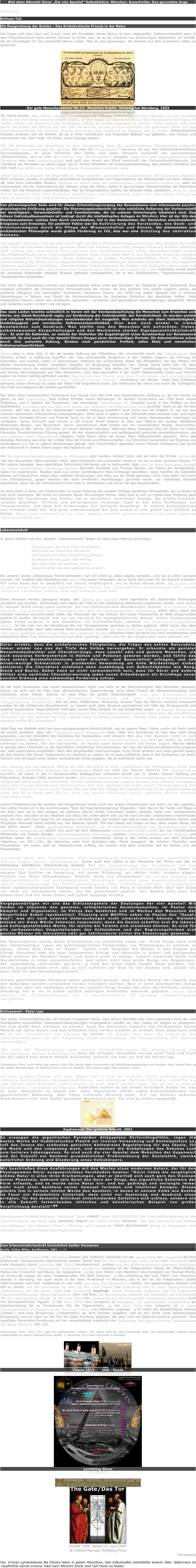 Bild oben Albrecht Dürer „Die vier Apostel“ Selbstbildnis. München. Ausschnitte. Das gerundete Auge

Fortsetzung

Schluss-Teil

Die Rangordnung der Geister - Das Aristokratische Prinzip in der Natur

Die Frage nach dem Sinn und Zweck, nach der Grundidee dieses Motivs ist eine vielgestellte. Selbstverständlich kann in dem Proportionswerk keine direkte Antwort zu finden sein, da es als Lehrbuch nur Anweisungen allgemeiner Art enthält, die als Grundlagen für den Sonderfall dienen sollen. Man ist also gezwungen, die Antwort aus dem Kunstwerk selber zu gewinnen.

￼
Der gute Menschenkenner Nr.12.  Amandus Kupfer. Schwaig bei Nürnberg. 1933

Wir sahen bereits, dass Dürer, seinem Volk entgegen der Meinung Pirkheimers, mit den Aposteln aus den sozialen Wirren der Zeit einen Ausweg zeigen wollte. Er trat damit als Sozialethiker auf den Kampfplatz des Tages. Er wollte helfen, die Geschicke des deutschen Volkes zu einem Besseren zu lenken. Wenn andere Reformer durch die Macht des Wortes auf das Volk einwirkten, so war es ihm verliehen, als geborener Maler mit den Darstellungsmitteln der Formen, Farben und Linien zum Ausdruck zu bringen, was er wollte. Zeitgenössische Künstler erwiesen sich als Kritiker, da sie in ihren Karikaturen und fliegenden Blättern nur geißelten, was morsch und verkommen war, aber nicht, wie Dürer, einen Ausweg zeigten.

Für die Erkenntnis der Grundidee ist eine Orientierung über die geschichtlichen Hintergründe kulturell-politischer Art notwendig. Die Epoche, die man die "romanische" benennt, ist aus der frühmittelalterlichen hervorgegangen. In jener früheren Zeit fühlte sich jeder Einzelne innerhalb der germanischen Völkerschaften, wie es sich im Gudrun- und Nibelungenlied spiegelt, stammes- und sippengebunden. Als Einzelner war man bedeutungslos und galt nur etwas als Glied innerhalb der Verwandschaftsgrade. Im Verhältnis des Einzelnen zu seiner Sippe, lag im frühen Mittelalter der Kulturzusammenhang, das ethische Verhältnis der Zeit. Noch bei Ullrich von Huten klingt dieses Stammesbewusstsein nach.

Unter Carl d. G. begann ein Eingreifen in diese natürlich gewordenen Lebensformen der deutschen Stämme. Nicht in diesen, sondern in künstlich geschaffenen Korporationen und Organisationen der Mönchsorden mit ihren Klöstern, die trotz ihrer kulturellen Mission ehemals in erster Linie die altdeutschen Lebensformen zerstörten; dann im Lehenswesen mit der Unterordnung der Mannen unter den Ritter; weiter in den strengen Gemeinschaften der Bauhütten sollten sich die Menschen zusammenfinden. Nur die Organisationen galten, der Einzelne blieb unbekannt. Erst in der Gotik erwarb auch der Einzelne Beachtung und Schätzung; denn die Umstände drängten zum Erwachen des Individualbewusstseins.

Von phrenologischer Seite wird für diesen Entwicklungsvorgang des Bewusstseins eine interessante psycho-physiologische Erklärung gegeben: Die Stammesgebundenheit ist eine natürliche Äußerung der Vorherrschaft der Geselligkeit-, Verwandschafts- und Familientriebe, die im unteren Hinterhaupte lokalisiert sind. Das höhere Individualbewusstsein ist bedingt durch die intellektuellen Anlagen im Stirnhirn. Hier ist der Sitz des Oberbewusstseins. Letztes kam durch verschiedene, tief in das Seelenleben der Deutschen einschneidende Ereignisse zum Erwachen. Ein positiver Faktor war die Kultivierung des Verstandes, des Denk- und Urteilsvermögens durch die Pflege der Wissenschaften und Künste. Der platonischen und aristotelischen Philosophie wurde größte Förderung zu Teil, dies war eine Schulung des abstrakten Denkens.

Als negative Faktoren wirkten Leid und Tragik auf den Individualisierungsprozess ein. Das Zeitalter der Gotik muß reich an leidvollen Erleben gewesen. Einer der Größten jener Zeit, Meister Ekkehard erklärte tröstend, daß Leiden das schnellste Tier sei, das zur Vollkommenheit trägt. Die tiefste Tragik werden die Religionskämpfe jener Tage ausgelöst haben; denn nichts sitzt tiefer in des Menschen Brust, als religiöse weltanschauliche Vorstellungen, deren Störungen zu großen Gewissenskonflikten führt. Die religiöse Bevormundung der Kirche der in altgermanischen Gottesvorstellungen lebenden Deutschen hat nie aufgehört Schmerz auszulösen. Inquisition, Scheiterhaufen, Folterkammern, die Galgen- und Radjustiz haben Angst und Entsetzen hervorgerufen. Die Henkers und Folterknechte bildeten eine Anzahl im Volk. Anderseits wurde durch die einseitige Religiosität religiöse Ekstase gefördert herbeigeführt, die in den Geißlerfahrten, Flagellantenunwesen, Tanzepedemien ausarteten.

Das Motiv des Totentanzes erfreute sich bezeichnender Weise unter den Künstlern der Spätgotik großer Beliebtheit. Man empfand schließlich die hierarchischen Herrschaftsziele der Kirche, die also politisch und religiös zugleich waren, als seelische Nötigung und unerträglich drückenden Gewissens Zwang. Um 1450 und später spiegelt sich in etlichen Darstellungen in Malerei und Plastik die Geistesverfassung der breitesten Schichten des deutschen Volkes: Viele menschliche Figuren waren mit verdrehten, geduckten, verrenkten und gewundenen Körperhaltungen dargestellt. Mimik und Gebärden waren verzerrt und verzogen.

Das viele Leiden brachte schließlich in Verein mit der Verstandesschulung die Menschen zum Erwachen und führte, wie Jakob Burckhardt sagte, zur Entdeckung der Individualität, der Persönlichkeit. Es wurden soziale und religiöse Reformbestrebungen verschiedenster Art ausgelöst. Man ersehnte vor allem Selbständigkeit, Unabhängigkeit und moralische Selbstverantwortlichkeit. Dies kam auch wieder in vielen Kunstwerken zum Ausdruck. Man stellte nun den Menschen mit aufrechten, freien, selbstbewussten Körperhaltungen und den Merkmalen starker Eigengesetzlichkeitskraft dar. Es sind die Gebärden, an welche der Historiker die Zugehörigkeit eines Kunstwerkes zur Renaissance feststellt. So sind auch die vier Apostel Dürers Zeugen jener denkwürdigen Periode. Sie dokumentieren schon durch ihre aufrechte Haltung, Streben nach persönlicher Freiheit, edlen Stolz und moralischer Selbstverantwortlichkeit.

Dürer lebte in einer Zeit, in der die soziale Ordnung des Mittelalters, die vornehmlich durch das Ständewesen ihre Struktur erhielt, in Auflösung begriffen war. Das aufstrebende Bürgertum in den Städten begann, die Führung im kulturellen und sozialen Leben zu übernehmen. Während der berühmteste Stand des Mittelalters, der des Ritters, für dessen Anerkennung Hutten vergeblich kämpfte, im Niedergang begriffen war. Dieser Stand hatte sich mit dem Lehenswesen durch die veränderten Wirtschaftformen überlebt. Was hatten die "Laien" unabhängig von Priester, Kloster und Kirche, hervorgegangen aus dem Bürgertum, nicht alles geschaffen in der Gotik? Wissenschaft, Kunst und Technik waren von ihnen mächtig gefördert worden. Bezüglich der Kunst war das fünfzehnte und sechszehnte Jahrhundert die Blütezeit der "Bürgerlichen Kunst". Gutenberg, ein Bürger, hatte eine Erfindung gemacht, deren Wirkung ins Leben der Völker tief eingreifend waren. Die Weltmacht der Hanse war durch die Tüchtigkeit, den Fleiß und Wagemut der Städter geschaffen.

Der Sohn eines hanseatischen Kaufmanns aus Danzig wies der Erde eine bescheidenere Stellung zu, als die Vorzeit es getan, es war Kopernikus. Zwei andere Erfinder waren Nürnberger. M. Behaim konstruierte um 1500 einen neuen Erdglobus, und P. Henlein die Taschenuhr, das nachmalige "Nürnberger Ei". Gewaltig wurde in den Städten an den überlieferten Vorstellungen von Zeit und Raum, der Ordnung von Himmel und Erde gerüttelt. Kann es das Wunder nehmen, daß man auch an der bestehenden sozialen Ordnung zweifelte? Auch Dürer war ein Städter. Er war aus den unteren namenlosen Volksschichten emporgestiegen. Wenn auch er später in den Patrizierkreisen heimisch war, und sogar unter dem Hochadel Gönner und Freunde fand, so hat er diese Anerkennung erst seinen überragenden Leistungen zu verdanken. Seiner Herkunft nach konnte er tief inneren Anteil nehmen an dem nach Reform der sozialen Mißstände strebenden Bürger- und Bauerntum. Deren unterdrückter Wille entlud sich mit revolutionärer Wucht, Reformation, Bauernkrieg in den Jahren, als Dürer an seinen Aposteln arbeitete. Während dieser bewegten Zeit hat Dürer mit vielen führenden Persönlichkeiten Fühlung gehabt. Mit den wissenschaftlich und weltbürgerlich gesinnten Humanistenkreisen, die Menschheits- statt Gottesideale pflegten, hatte Dürer schon als junger Mann Bekanntschaft gemacht. Denn das damalige Nürnberg war einer der ersten Sitze der Künste und Wissenschaften. Zu führenden Humanisten wie Erasmus von Rotterdamm u.a. hat er nähere Beziehungen gehabt. Sein fortschrittlich gesinnter Lehrer Michael Wohlgemut trat durch den Holzschnitt in derber Satyre gegen das Papsttum auf.

Als die Reformationsbestrebungen in Wittenberg akut wurden, schloss Dürer sich als einer der Ersten Luther an, "der ihm aus großen Nöten geholfen habe". Aber Protestant und Lutheraner wurde er nur bis zu einer gewissen Grenze.93  Mit Lazarus Spengler, dem eigentlichen Reformator Nürnbergs war er befreundet. Aber auch zu dem Schweizer Zwingli hat Dürer nachweislich Beziehung gehabt. Ebenfalls Karlstadt und Thomas Münzer, die Führer der Wiedertäufer, haben ihn beeindruckt. Wurden doch aus seiner unmittelbaren Nähe Anhänger derselben, seine Gehilfen die Gebrüder Beham und Georg Penz wegen allzu radikaler Forderungen vom Rate aus der Stadt gewiesen. Aber trotz allem hat Dürer vom Katholizismus, gegen welchen alle eben erwähnten Bestrebungen gerichtet waren, nie vollständig Abstand genommen. Denn bei der katholischen Kirche fand er Verständnis und Schutz für das Kunstschaffen.

So lebte Dürer in einer vom Reformwillen zu neuer Ordnung des sozialen Gefüges genährten Atmosphäre, die zu atmen er sich nicht verschloss. Wir sehen ihn inmitten dieser Strömungen stehen, ohne dass er sich zu irgend einer Richtung ganz bekannte. Als Psychologe und Ethiker hat er denselben, innerlichst bewegt, die größte Aufmerk-samkeit gewidmet. Kritisch und philosophisch veranlagt, fand er bei allen Richtungen nur Teilwahrheiten, und fand ihre Forderungen nur teilweise berechtigt. Er machte Einseitigkeiten und Irrtümer nicht mit. Von allen Lehrmeinungen der Zeit suchte er sich gleich weit entfernt zu halten. Über allen stehend hat er seine eigene Ansicht gewissermaßen aus allen anderen herauskristallisiert.


Lebensweisheit

In einem Gedicht von ihm, betitelt: "Lebensweisheit" finden wir über seine Haltung Aufschluss:

			"Drum wenn die Leute sich entzweien,
			Häng dich an keine der Parteien;
			Und kannst du nicht Vermittlung finden,
			So bleibe du nur ganz weit hinten,
			Und hüte dich vor solchem Wust,
			Dass du nicht das Bad austrinken musst".

Ein anderer großer Zeitgenosse, Riemenschneider, hat sich nicht so weise abseits gehalten, und hat es bitter bereuen müssen. Der Tradition des Mittelalters war Dürer nur soweit verbunden, als er Gutes darin auch für die Zukunft erkannte. Für alles Neue war er ebenfalls nur soweit empfänglich, als er Gutes daran fand. So sehen wir in ihm einen Weisen und lebensklugen Mann, der altbewährtes Gedankengut mit neuen Ideen zu verbinden wußte, ihm und anderen zum Heil.

Diese Hinweise werden genügend zeigen, daß Dürers vier Apostel nicht irgendeiner der streitenden Richtungen gewidmet sein konnten. Keineswegs kann daher die Tafel als ein lutherisches Bekenntnis angesehen werden. Man muss in diesem Werk etwas ganz anderes, als nur konfessionelle Beziehungen suchen. Die Namen der Figuren als Apostel und Evangelisten sind von untergeordneter Bedeutung, selbst dann, wenn der Künstler teilweise versucht haben sollte, der Wesensart der vier Autoren des Neuen Testamentes im Bilde einigermaßen gerecht zu werden. Sie waren ihm nur ein Vorwand für eigengesetzliches Wollen. Schon Zeitgenossen sahen etwas anderes in den Gestalten, als Kirchenheilige, nämlich ein charakterologisches Motiv. So hat man von der Darstellung der vier Temperamente sprechen zu dürfen geglaubt. Hätte Dürer dies aber wirklich beabsichtigt, dann wäre einmal nicht einzusehen, weshalb die Malerei für den Sitzungssaal des Stadtrates, also einem politisch bedeutungsvollen Ort, bestimmt wurde. Außerdem hätte sie heute nur noch künstlerischen und historischen Wert. Die Untersuchung hat aber gezeigt, dass sie für die Gegenwart noch aktuell ist.

Dürer erlebte, dass die schöpferischen Fähigkeiten, die Träger des echten Naturadels, immer wieder neu aus der Tiefe des Volkes hervorgehen. Er erkannte als genialer Menschenbeobachter und Charakterologe, dass sowohl edle und geniale Menschen, als auch asoziales Verbrechertum in Hütten und Palästen geboren werden, und fühlte das Herz echten Geistesfürstentums unter Arbeiter- und Bauernkittel schlagen, und sah minderwertige Schmarotzer in prunkender Gewandung als hohe Würdenträger einher stolzieren. Die Charaktere entstehen eben unabhängig von Äußerlichkeiten wie Rang, Stand und Besitz. Daher kann es nicht verwunderlich sein, dass für Dürer und andere Ethiker eine sachliche Charakterwertung jedes neuen Erdenbürgers als Grundlage neuer sozialer Ordnung eine notwendige Forderung schien.

Da die tiefer denkenden und scharf beobachtenden Köpfe nun nicht an die Gleichwertigkeit aller Menschen glaubten, kamen sie nicht auf die Idee einer demokratischen Staatsordnung; denn diese fordert die Gleichberechtigung aller Individuen eines Volkes. Solches ist nach Plato die größte Ungerechtigkeit. Aus der Erkenntnis der Verschiedenwertigkeit der Charaktere folgerten sie eine sozial-aristokratische Rangordnung derselben. Wie bei einer militärischen Musterung unserer Tage die Männer nackend untersucht werden für die militärische Brauchbarkeit, so müsste auch jeder Einzelne psychiatrisch mit Hilfe der Physiognomik und anderen brauchbaren diagnostischen Methoden seinen Platz erhalten für das bürgerliche Leben. In diesem Sinne muss auch Dürer an eine kritische Prüfung und Auslese der Charaktere gedacht haben. Besonders die schriftlichen Hinweise auf dem Rahmen der vier Apostel sind als Beleg anzusehen: "Glaubt nicht jedem, was er sagt, sondern prüfet die Charaktere".

Jede Figur der Maltafel wirkt wie eine naturgewachsene Persönlichkeit, wie ein ganzer Mann. Daher wurde mit Recht mehr als einmal geäußert, dass hier "Charaktertypen" dargestellt seien. Über ihre Zuordnung ist man aber nicht einig geworden, und hat schließlich die Grundidee der Komposition nicht erkannt. Wie die vier Apostel nicht in sich selber ruhen, sondern ihr "sprechender" Ausdruck unverkennbar ist, und sie reden zu wollen scheinen zu jedem, der sie betrachtet, so wollte auch Dürer durch sie etwas sagen. Warum wählte er gerade diese Charaktere in der getroffenen Anordnung? Die Deutungen, die man auf Grund der Bibelautoren gegeben hat, sind ungenügend ausgefallen. Nach den eingehenden Untersuchungen muss Dürer anderes und mehr gewollt haben, als den Autoren des Neuen Testamentes ein Denkmal zu setzen. Es ist auch auffallend, dass er den Emblemen von Buch, Schwert und Schlüssel einen andern symbolischen Inhalt gegeben, als es traditionell üblich war.

Den Ausweg aus den sozialen Wirren der Zeit sah Dürer in einer Neuordnung des Volksganzen, durch eine richtige und natürliche Ordnung der Charaktere. Dass es sich bei dieser Malerei um Rangfragen handelt, ist selbst in der in konfessioneller Befangenheit verfassten Schrift von M. Zucker (Dürers Stellung zur Reformation. Erlangen 1866) anerkannt worden. Wir sahen bereits, dass Dürer eine Rangordnung der Schönheiten festgestellt hatte unter den Menschen. Da ihm Schönheit Ausdruck inneren Wesens war, müssten wir folgern, dass die Rangordnung der Schönheiten der vier Apostel die Idee einer "Rangordnung der Geister" objektivieren soll. Diese Idee war ihm die Lösung der sozialen Frage ihrem ganzen Umfange nach, und ist es heute noch. Es ist also ein sozial-ethisches Motiv, welches dieser Malerei zugrunde liegt.

Dürers Problemlösung der Auslese und Rangordnung wurde auch von andern Zeitgenossen und schon vor ihm gegeben. Von Luther finden wir in den Ausführungen "Über die Regimentsänderung" folgendes: "Aber das ist der Teufel und Plage in der Welt, dass wir in allen Dingen, als leiblicher Stärke, Größe, Schönheit, Gütern, Gesicht, Farbe usw. untereinander ungleich sind; und allein in der Weisheit und Glück alle wollen gleich sein, da wir doch am aller ungleichsten untereinander sind, und was wohl noch ärger ist, ein Jeglicher will hierin über den Andern sein und es kann den schändlichen Narren und Klüglingen Niemand nichts rechtes tun, wie Salomon spricht. "Ein Narr düngt sich klüger zu sein, denn sieben Weise, die das Recht setzen". Dieser grundsätzliche Standpunkt der Verschiedenwertigkeit der Charaktere und ihre natürliche Rangordnung äußert sich auch bei dem Zeitgenossen Machiavelli (1469-1527), der von intellektuellen Fähigkeiten aus erstens geniale, selbstschöpferische Menschen, zweitens nichtselbstschöpferische Talente, und drittens davon die indifferenten Massenmenschen unterschied. Schon in der Antike wurden von dem Gnostiker Valentinus um 150 n.Chr. die Menschen nach ihrer Gottnähe oder -Ferne gruppiert: die Hykliker, Psychiker und Pneumatiker. Die ersten sind zur Gotterkenntnis unfähig, die zweiten sind darin belehrbar und die letzten sind die Erleuchteten.

Versuche unter den Charakteren eine Rangordnung festzustellen waren jedenfalls in Dürers Tagen nichts Unbekanntes. Zumal auch eine solche in der Hierarchie der Kirche und der im Niedergang befindlichen Ständeordnung bestand. Auf die Rangordnung der Charaktere als das Fundament einer harmonischen und entwicklungsfähigen Gesellschaftsordnung haben in neuerer Zeit Schiller im Demetrius, mit seiner Erklärung, wir zählen nicht, sondern wägen; Freiherr von Stein, Schopenhauer, Nitsche, Huter u.a. hingewiesen. Es ist das Prinzip der Sozialaristokratie auf psychologischer Grundlage, welches dem demokratischen mit seiner Voraussetzung der Gleichberechtigung aller Menschen, kritisch entgegentritt. Jener sozialaristokratische Standpunkt wurde bereits von Plato in seinem Werk über den Staat vor mehr als zweitausend Jahren, als der gerechteste gelehrt. Von diesem sind auch die Humanisten und mit ihnen Dürer und Luther angeregt worden.

Vergegenwärtigen wir uns das Schlussergebnis der Deutungen der vier Apostel! Wir fanden im Johannes den genialen, schöpferischen Geistesmenschen, im Paulus den Kämpfer und Organisator, im Petrus den Gelehrten und im Markus den Menschen der körperlichen Arbeit repräsentiert. Thausing und Wölfflin sahen im Paulus den "Haupt-kopf", was wir nach unseren Untersuchungen nicht unterstreichen können. Vielmehr müssen wir diese Würde Johannes zusprechen; denn die Genies schaffen erst die lebens- und kulturgestaltenden Werte, für welche die Talente sich einsetzen können. So sind für alle verbessernden Umgestaltungen des Volkslebens und der Regierungsformen erst geniale Männer oft Jahrzehnte oder gar Jahrhunderte vorher die Ideeanreger gewesen.

Die Paulusnaturen setzen deren Erkenntnisse ins praktische Leben um. Ihrem Range nach sind den höchstwertigen Typen die grösstmöglichsten Förderungen von Staatswegen zu kommen zu lassen. Lehrte doch Plato im "Staat": "Sofern nicht entweder die Weisen in den Staaten als Könige herrschen oder die jetzt sogenannten Könige und Herrscher in echter und genügender Weise wirklich die Weisheit lieben, und wofern nicht so beides, nämlich staatliche Macht und Weisheitsliebe in eines zusammenfallen, und sofern nicht jene große Menge von Begabungen, die, gegenwärtig voneinander getrennt, je bloß den einen dieser beiden Wege wandeln, not-wendig ausgeschlossen wird, gibt es kein Aufhören der Übel für die Staaten und, glaube ich, auch nicht für das Menschengeschlecht."

Unsere geschichtlichen Hinweise haben genügend gezeigt, dass Dürers Malerei der Apostel aus den damaligen sozialen Umständen heraus konzipiert wurden. Aber in einer überragenden Schau hat er weit über den damaligen Stand der sozialen Dinge hinaus den Kern des Problems erfasst. Allerdings hat er ihn in einem zeitlich bedingten kirchlichen Gewande gebracht. Unter dem Namen von Kirchenheilungen hat er Repräsentanten für gewisse Lebensaufgaben vorgeführt.


Schlusswort - Peter Lips

Wer dieser Sinneserklärung der vier Apostel entgegnen würde, dass Dürers Gemälde eine Idee zugewiesen wird, die vom Standpunkte neuzeitlicher Lebensreformbestrebungen hineingedacht worden sei, dem haben wir einiges zu entgegnen. Um dies große Werk würdigen zu können, muss der Betrachter zunächst das Zeitbedingte dieser Malerei bei Seite lassen und den ethischen Kern heraus schälen. Er enthält ihren Dauerwert und ist in den Charakteren der Figuren zu suchen. Es erhebt sich dann die Frage, ob die Charakteranalysen zu der Folgerung einer Darstellung der Rangordnung der Geister berechtigen.

Wir sind der Überzeugung, dass unsere Ideenerklärungen die einzige Lösung des Geheimnisses dieses Gemäldes ist. Dass der Schöpfer desselben hierauf mehr Fleiß und Kraft als auf irgend eine andere Malerei aufwandte, beweist wie sehr sie ihm am Herzen lag. 

[Anmerkung Timm: Autor Peter Lips kannte in den 30er Jahren letztes Jahrhundert die Entschlüsselungsleistung vom heutigen Autor Volker Ritter zu den beiden Darstellungen von Albrecht Dürers „Die vier Apostel“, also inklusive eine Tafel Lempertz, nicht].

All sein großes Können und sein Wollen hat er hier im reinsten Lichte erstehen lassen. Mehrere Jahrhunderte wissenschaftlichen und ethischen Fortschritts aber bedurfte es, was Dürer teils bewusst, teils intuitiv in sein Werk hinein legte, um es bis in seinen Einzelheiten verstehen zu können. Außerdem kommt es bei einem Kunstwerk darauf an, was es jeder Generation zu bieten hat. Ohne Dauerwerte hätten uralte Kunstschöpfungen nur geschichtliche Bedeutung, aber keine kulturelle Wirkung mehr, d.h. sie könnten späteren Generationen nicht eine Quelle geistigen Wachstums sein. Sie sind es erfahrungsgemäß.
￼
Kaphammel. Der goldene Schnitt. 2001

So erzeugen die gigantischen Pyramiden Altägyptens Ehrfurchtsgefühle, regen die besten Werke der buddhistischen Plastik zur inneren Versenkung und Kontemplation an, ruft das Innere der schönsten gotischen Kathedralen Begeisterung für das Ideale, für die Musik und den Lobgesang wach, und erwecken die Schöpfungen des Rokokos Lust zum heiteren Lebensgenuss. So sind auch die vier Apostel dem Menschen der Gegenwart und der Zukunft ein Denkmal grundsätzlicher Problemlösung der Sozialethik, zwecks natürlicher Ordnung und Gliederung eines Volkskörpers.

Wir beschließen diese Ausführungen mit den Worten eines modernen Autors, der für den Physiognomen Dürer ausgezeichnetes Verständnis bewies: "Dürer liebte die vergänglich schöne Natur in allen ihren Erscheinungen, aber er überließ sich auch gern den Visionen seiner Phantasie, während sein Geist den Kern der Dinge, das eigentliche Geheimnis der Form erfasste, und so wurde seine Natur hin- und her gedrängt und verlangte immer mehr nach einer Synthese seiner bewusst formalen und intuitiven Anlagen. Dieses glückte ihm in seinem letzten Werke den Aposteln, in denen er seinem Volke wie Goethe im Faust ein Vermächtnis hinterließ, dass nicht nur Gesinnung und Ausdruck eines erregten, für das deutsche Schicksal entscheidenden Zeitalters sich schloss, sondern ein in alle Zukunft fortwirkendes ethisches und künstlerisches Beispiel von großer Verpflichtung darstellt".94

Herausgeber Medical-Manager Wolfgang Timm schließt seine WELTPRMIERE der Erstveröffentlichung in der Internet-Matrix von Peter Lips, Hamburg, folgend mit Volker Ritter, Hamburg: „Die vier Apostel in den beiden Darstellungen von Albrecht Dürer“, München und Lempertz; nimmt abschliessend Bezug zu Gegenwart und Zukunft, sowie Carl Huters Menschenkenntnis.


Zum Erkenntnisfortschritt hinsichtlich beider Versionen 
Quelle: Volker Ritter, Kaufbeuren, 2001. s.149.

„a) Für die zwei Tafeln (von München) können (bei bildlicher Gleichheit mit der einen Tafel von Lempertz) die dort bestimmten Temperamente übernommen werden. Damit sind die Vier Apostel der zwei Tafeln (von München) nicht  mehr literarisch (durch Panofsky seit 1931) fremdbestimmt, sondern aus der bildimmanenten zugrunde liegenden Aussage-Ebene der Verborgenen Geometrie bestimmt: Johannes ist der Phlegmatiker, Petrus der Melancholiker, Markus der Choleriker und Paulus der Sanguiniker. b) Die zwei Tafeln (von München) sind konzipiert als Triumph-Pforte, als ehrenvolle Anlage für einen Verdienstvollen (für Wolf Stromer). c) Die Aufstellung der zwei Tafeln (von München) damals in Nürnberg, wie auch heute in der Alten Pinakothek in München, gibt in der Art der Präsentation (direkt nebeneinander und hoch aufgehängt zu sein nicht den Sinn der Ehrenpforte wieder: mit gegenseitigem Abstand und tief zu stehen, als Tor benutzbar zu sein. d) Die zwei Tafeln (von München) sind in einer konzeptionellen Verflechtung mit der einen Tafel (von Lempertz) angelegt. Beide Versionen ergänzen sich im Gegensatz (Verdienst/Mahnung; Allegorie/Symbol; Jakin und Boas als flankierende Säulen/ das Mittelbild als Arbeitstafel für die symbolischen Wege). e) Die eine Tafel (von Lempertz) hat eine komplette Verborgene Geometrie, auch mit dürerspezifischen Figuren. f) Die eine Tafel (von Lempertz) ist konzipiert als symbolische Arbeitstafel, als Arbeitsanleitung für zu Ermahnende (für die Regierenden). g) Die eine Tafel (von Lempertz) ist in einer konzeptionellen Verflechtung mit den zwei Tafeln (von München) angelegt. h) An Stelle des beabsichtigten Dankes („Pforte“) wird eine Ermahnung („Arbeitstafel“) an Wolf Stromer gegeben, und an der Stelle einer beabsichtigten Ermahnung wird ein Dank an den Rat der Stadt Nürnberg gegeben, der aber nicht als Dank/Ehrenpforte ankommt. (Die angefügte literarische Ermahnung sei hier vernachlässigt angesichts der Bedeutung der geometrischen Symbolebene für diese Werke.)“ 160, 162

(Anmerkung Timm: April 1912, sank die weltberühmte „Titanic“. Der Name steht für altes materielles Welt- und Menschenbild, welches heute unübersehbar an seinen Widersprüchen zerfällt. 4. Dezember 1912 starb Carl Huter in Dresden).

￼￼
Titanic 1912       USA - Heute

￼
Levitating Stone
(Hinzugefügt)
￼
￼
Erstellt 1999. Update 21. April 2007
© Medical-Manager Wolfgang Timm
Fortsetzung

Die  Kronen symbolisieren die höhere Natur in jedem Menschen, sein individueller potentieller innerer Adel. Jedermann ist verpflichtet seinen inneren Adel nach Albrecht Dürer und Carl Huter zu heben.