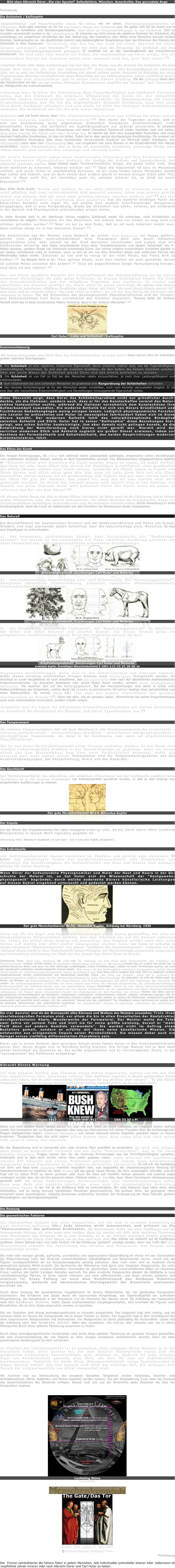 Bild oben Albrecht Dürer „Die vier Apostel“ Selbstbildnis. München. Ausschnitte. Das gerundete Auge

Fortsetzung

Die Schönheit / Kallisophie

Vergleichlichkeit und Proportionalität waren für Dürer, wie wir sahen, Erscheinungseigenschaften im Körperbau. Nicht aber machten sie für ihn das innere Wesen der Schönheit aus. Sie galten ihm für die Kunst und in der Natur als Schaffens- und Gestaltungsprinzipien, aber nicht als Wesenserklärungen in der Schönheit. Dies ist zuweilen verwechselt worden in der Dürerliteratur. Er erkannte sie nicht einmal als objektive Kriterien der Schönheit, die unabhängig von subjektiven Umständen der Zeit, Stimmung, des Charakters oder Alters eines Menschen benutzt werden könnten, bedingungslos an. Am deutlichsten kommt sein diesbezüglicher Skeptizismus über das Erkennen des Wesens der Schönheit in dem Ausspruch: "Schönheit, was das ist, das weiß ich nicht, wiewohl sie vielen Dingen anhanget", zum Vorschein.71 Dürer hat nicht etwa die Erkenntnis der Schönheit und ihre künstlerische Gestaltungsmöglichkeit geleugnet. Er zweifelte nur an der Unzulänglichkeit der menschlichen Urteilskraft: "Es lebt auch kein Mensch auf Erden, der beschließlich sprechen möcht, wie die allerschönst Gestalt des Menschen möcht sein. Niemand weiß das, dann Gott allein".72  

Trotzdem finden sich einige Auslassungen bei ihm über das Wesen und die Ursache der Schönheit. Ein Satz lautet: "Der Nutz ist ein Teil der Schönheit".73  Unter Nutzen wird Zweckmäßigkeit zu verstehen sein, wie es auch von italienischen Theoretikern z.B. Alberti gelehrt wurde. Demnach ist derjenige Bau eines Gegenstandes, diejenige Beschaffenheit eines Körperteils, der am vollkommensten seinen natürlichen Zweck erfüllt, schön. Dem Naturschönen galt in erster Linie Dürers Studium. Für die Italiener stand aber das Kunstschöne mit den aus der antiken Philosphie übernommenen Begriffen der "Analogia" und "Symmetria" im Mittelpunkte der Aufmerksamkeit.

Außerdem lebte in Dürer die Vorstellung, dass Tugendhaftigkeit und Schönheit Korrelate seien, daß die Schönheit die sichtbare Offenbarung des Guten ist. Der körperlich wirklich schöne Mensch besitzt einen edlen Charakter. Im Zusammenhang mit seinen Proportionsstudien war für ihn die altgriechische Weisheit Grundsatz, dass sich alles Gute durch Schönheit offenbart, und was schön ist nicht des richtigen Maßverhältnisses entbehrt. Die Schönheit war für ihn also etwas Objektives. 

Bachmann hebt mit Recht hervor, dass "die Nichtrationalisierbarkeit des Schönen für Dürer keinen Verzicht bedeutet, sondern eine Entdeckung".74  Ihm waren der Tugenden soviele, daß er sich zur Anerkennung eines allgemeinen einheitlich fixierbaren Schönheitsideals nicht entschließen konnte, und Schönheit als Qualitätsausdruck nur bedingt einwertete. Er erkannte bereits, dass die Vorzüge irgendeines Körperbaues und damit Charakters funktionell wieder Nachteile nach sich ziehen, dass jeder Mensch die Fehler und seine Vorzüge hat. So besitzt der Eine eine ausgeprägte Muskulatur und einen markant kraftvollen Knochenbau, ist also ein Athlet. Dabei hat er aber gering durchgeistigte Gesichtszüge. Ein anderer hat eine schwächliche Muskulatur aber einen leuchtenden nervenreichen Ausdruck als Merkmal hoher Intelligenz. Der Körperathlet kann eben kein Geistesathlet sein, und umgekehrt wie zarte Blumen in der Empfindlichkeit ihre Mängel einschließen. Beide Menschentypen sind an ihrem Ort zweckmäßig brauchbare, notwendige Glieder eines Volkes. Aber sie sind verschieden veranlagt und einseitig schön.

Die beiden Geschlechter haben einen abweichenden Körperbau und ihre Schönheiten sind durch besondere Eigenschaften bedingt. Die Vorzüge der Greisen- und Jugendschönheit sind gleichviel gepriesen worden. Unser Denker sagte: "Unterschiedliche Dinge, die beide schön sind, sind nicht leichtlich zu erkennen, welches schöner sei".75 "Aber die Hübschheit ist also im Menschen verfaßt, und unser Urteil so zweifelhaftig dorinnen, so wir etwa finden zween Menschen, beede fast schön und lieblich, und ist doch keiner dem andern gleich in keinem einigen Stück oder Teil, weder in Mass noch Art, wir verstehen auch nit, welcher schöner ist, so blind ist unser Erkenntnis".76 

Eine dritte Stelle lautet: "Schön und schöner ist uns nicht leichtlich zu erkennen. Dann es ist wohl möglich, daß zwei unterschiedlich Bild gemacht werden, keins dem andern gemäß, dicker und dünner, daß wir nicht wohl urteilen können, welches schöner sei".77 Die vier Apostel hat der Meister in ähnlichem Sinn gestaltet; was als weiterer wichtiger Punkt der Dürerschen Ästehtik noch eigen ist, auf welche kein anderer schriftstellender Zeitgenosse eingegangen, daß er eine Rangordnung, Grade der Schönheit von schön, schöner, am schönsten in der Gestalt und Physiognomie unterschieden wissen wollte.

In tiefer Einsicht hielt er die überhaupt höchst mögliche Schönheit weder für erkennbar, noch künstlerisch zu verwirklichen für möglich: "Gleichwie mit den Menschen, wie hübsch man ein findet, so mag noch ein schöner gefunden werden".78 "Aber nit bis zu dem Ende, daß es nit noch hübscher möcht sein. dann solches steigt nit in des Menschen Gemüt".79 

Am deutlichsten hat der Meister seine Ästhetik an seinen vier Aposteln vor Augen geführt, welche trotz größter Unterschiedlichkeit ihrer Charaktere doch alle durch Schönheit ausgezeichnet sind, aber einmal ist der Grad derselben verschieden und zudem sind ihre Schönheiten einseitig. Also keine verschiedenen Arten einer "charakteristischen und idealen Schönheit" wie Fr. Müller annahm, sondern Grade von Schönheit unterschied Dürer. Der höchst möglich menschlichen Schönheit glaubte er am besten künstlerisch nahe zu kommen, wenn er sich an die von allen Extremen gleich weit entfernten Formen des Mittelmaßes halten würde: "Zwischen zu viel und zu wenig ist ein recht Mittel, des Fleiss dich zu treffen".80  Als Beispiel führt er an: "Kein spitzes Haupt, auch kein flaches sei wohl gestaltet, darum ist solches Mittel zwischen den andern".81 "Jene als abgeschiedene Dinge Verwunderung bringen, sind doch nit alle lieblich".82 

Das von Dürer gewählte Beispiel der Beschaffenheit der Scheitelwölbung ist im Lichte moderner Phrenologie ein sehr guter Prüfstein. In diesem Schädelteil kommt die Kraft des Gottesbewußtseins und der religiösen Tugenden zum Ausdruck. Je runder und plastischer der Scheitel gewölbt ist, desto edler ist jenes veranlagt. Ein spitzes oder flaches Oberhaupt ist entartetem religiösen Empfinden eigen. Daher mit Recht "ein rund Haupt hübsch geacht ist". Man sieht, daß die Methode Dürers "das recht Mittel zu treffen", ihn auf den Weg führte, die Schönheit edler Menschen zu finden. Für die Erkenntnis des physiognomisch Charakteristischen und der Formen- und Farbenschönheit hielt Dürer vornehmlich den Künstler disponiert: "Solches Urteil der schönen Gestalt steht bas in eines kunstreichen Malers Verstand, denn in der anderen Menschen".83 
￼
Carl Huter - Liebe und Schönheit - Kallisophie


Zusammenfassung

Wir fassen zusammen, was Dürer über das Schönheitsproblem zu sagen hatte. Seine Lehren sind ein Ineinander greifen mehrerer Überlegungen:

1. Die Schönheit ist eine objektive, körperliche Eigenschaft, deren Ursachen mehrer sind, wie die Tugendhaftigkeit, Zweckmäßigkeit, Nützlichkeit. Es sind also die innerliche Qualitäten, die dem Äußern des Körpers Schönheit verleihen. Über das letzte Wesen der Schönheit glaubt Dürer sich des Urteils enthalten zu müssen.
2. Die Schönheit ist von Fall zu Fall bei den Menschen relativ einzuschätzen, je nach ihrer Leistungsfähigkeit und Lebensaufgabe.
3. Vom hässlichsten bis zum schönsten Menschen ist gradweise eine Rangordnung der Schönheiten vorhanden.
4. Der höchste Schönheitsgrad ist für den Menschen weder vorstellbar, noch vom Künstler darzustellen möglich. Er ist eine über alle menschliche Erkenntnisfähigkeit und Darstellungen hinausgehende Eigenschaft Gottes.

Diese Übersicht zeigt, dass Dürer das Schönheitsproblem nicht nur gründlicher durch-dachte, als die Italiener, sondern auch, dass er für das Kunstschaffen vorerst das Natur-schöne festzustellen suchte, während die Italiener vornehmlich dem Kunstschönen ihre Aufmerksamkeit zuwandten. Die moderne Ästhetik hat sich von Dürers Gründlichkeit und fruchtbaren Gedankengängen wenig anregen lassen. Lediglich physiognomische Forscher wie Lavater im achtzehnten und Huter im zwanzigsten Jahrhundert haben sich im Sinne Dürers bemüht. Der modernen Ästhetik fehlt das naturphilosophische Bindeglied zwischen Ästhetik und Ethik. Huter hat in seiner "Kallisophie" diese Beziehungen klar-gelegt, was schon Schiller beabsichtigte, ihm aber damals nicht gelingen konnte, da die Entwicklung der Naturforschung noch hierzu nicht gereift war. Hiermit wird der verirrten modernen Ethik und Ästhetik zugleich ein großer Dienst erwiesen, indem zur Synthese der Formalästhetik und Gehaltsästhetik, den beiden Hauptrichtungen moderner Schönheitslehren, führt.


Das Ethos der Kunst 

Die riesigen Anstrengungen, die Dürer sich während seiner Lebensarbeit auferlegte, entsprachen seinen Vorstellungen vom praktischen ethischen Gehalt, welches er dem Kunstschaffen beimaß. Den Bilderstürmern entgegentretend äußerte er: "Wiewohl etlich grob Menschen die Kunst hassen, wagen zu sagen, sie gebär Hoffart. Das kann nit sein. Dann Künst gibt Ursach der demütigen Gutwilligkeit. Aber gewöhnlich die nichts können, wöllen auch nichts lernen, verachten die Künst, sagen es kummt viel Übels darvan und etlich seien ganz bös. Das kann nit sein, dann Gott hat alle Künst beschaffen, darum müssen sie all gnadenreich, voll Tugend und gut sein. Darum halt ich die Künst für gut. Ein Schwert, das scharf ist, mag das nit zum Gericht oder Mord gebraucht werden? Ist darum das Schwert besser oder böser? Also in den Künsten. Der Mensch von guter frummer Natur wird gebessert durch viel Kunst. Dann sie geben zu erkennen das Gut aus dem Bösen".84 

Mit diesem tiefen Ernst, der sich in diesen Sätzen bekundet, ist Dürer auch an die Abfassung seines letzten großen Tafelwerkes, seine vier Apostel herangetreten. Sie sollten einerseits die hochgehenden Wogen der Kulturkampfstürme besänftigen, anderseits aber auch die Menschen veredeln helfen. Durch Versenkung in ihren Ausdrucksgehalt; denn die Kunst als Selbstzweck war den Künstlern der Renaissance etwas Unbekanntes.


Das Naturell

Die Beschaffenheit der anatomischen Struktur und der Größenverhältnisse und Masse von Rumpf, Gliedern und Kopf zueinander geben Aufschluss über die Naturellanlage eines Menschen. Es sind drei Grundtypen zu unterscheiden.

1)	Der korpulente, breitwüchsige Rumpf- oder Bauchmensch, das "Ernährungs-naturell". Bei diesem ist der Lebenswille auf Ruhe, reichliche Ernährung gerichtet mit einer konservativen, aufs Lebenspraktische orientierten Geistesanlage.
￼￼￼
Ernährungsnaturell. Zeichnungen Carl Huter und Mellerke

2)	der starkknochige, langwüchsige, Arm- und Beinmensch, das "Bewegungsnaturell". Energische körperliche Kraftentfaltung, Tatenlust, fanatische Willensbestimmtheit, Verstandeskälte ist diesem eigen.
￼￼￼
Bewegungsnaturell. Zeichnungen Carl Huter und Mellerke

3)	Der feingliedrige, zartwüchsige Kopfmensch, das "Empfindungsnaturell". Es objektiviert den Willen zum tiefen Erkennen und scharfen Denken. Aus diesem Naturell gehen die schöpferischen Persönlichkeiten hervor. Er ist das körperliche kleinste der Drei.
￼￼￼
Empfindungsnaturell. Zeichnungen Carl Huter und Mellerke
Amandus Kupfer. Grundlagen Menschenkenntnis I. 1951. s.11, 12, 27, 28, 45, 46

Eingehende Beschreibungen wolle man in der Huter-Literatur zur Kenntnis nehmen. Außer diesen einseitig entwickelten Urtypen müssen noch Mischtypen festgestellt werden. Im Anschluß an unser Hauptthema ist noch anzuführen, daß die Naturelle nicht nach den überlieferten mathematischen Proportionsmethoden wie aliquarten Buchteilen oder einem Modul fixiert werden, sondern nach biologischen Befunden. Sie beziehen sich auf das Naturgegebene. Bei den Kennzeichnungen sind daher in erster Linie Maßenverhältnisse der Körperteile, welche durch die innere anatomische Struktur bedingt sind, berücksichtigt und keine Zahlengrößen. So schrieb Huter z.B.: "Ich lege bei meiner Naturellehre das gesamte Nervensystem zu Grunde".85  Dürer hat aber, wie wir gesehen haben, Wesentliches bei seinen Proportionstypen auch nicht mathematisch konstruiert, sondern intuitiv erfasst.

Vergleicht man die Typen der Dürerschen Proportionszeichnungen mit Huters Naturellen, so vermittelt die Ähnlichkeit die Einsicht, daß Dürer Typenforscher war.86


Das Temperament

Die moderne Tempermentslehre fußt mit ihrer Einteilung in vier Grundtemperamente des sanguinisch - heiteren, melancholisch - schwermütigen, energisch - cholerischen und des phlegmatisch - gleichgültigen Temperaments wie schon in der Renaissance, noch heute auf altgriechischen Klassifikationen.

Sie ist von Huter ihrers jahrtausende alten Thrones enthoben worden. Er hat ihnen eine weniger bedeutungsvolle Stellung in der Charakterologie zu gewiesen. Denn sie lassen nichts von dem Wesentlichen, dem Kern einer Persönlichkeit erkennen, wofür das Naturell weit mehr Anhalt bietet. Festzustellen sind die Temperamenteigenarten aus den Ausdrucksbewegungen, der Körperhaltung, Mimik und den Gebärden.


Das Geschlecht

Der Verschiedenartigkeit des männlichen und weiblichen Körperbaues und der funktionelle Ausdruck ihres Charakters ist in der neueren Psychologie viel Aufmerksamkeit gewidmet worden, so daß es sich erübrigt hier eingehendere Ausführungen zu machen.
￼
Der gute Menschenkenner Nr.14. Amandus Kupfer


Der Impuls

Auf das Wesen des Impulselementes hier näher einzugehen erübrigt sich, da bei Dürer keine näher erwähnte Bezugsnahme in seinem Werk irgendwie gegeben ist.

(Anmerkung Timm: Näheres in Hauptwerk von Carl Huter - hier in web unter Rubrik „Hauptwerk“).


Das Individuelle

Der Individualcharakter kommt besonders im Kopfbau und Antlitz zum Vorschein. Er bietet das schwierigste Thema der Ausdruckswissenschaft. Alle Einzelheiten und Feinheiten der Gesichtsorgane, die Beschaffenheit von Haut und Haaren sind heranzu-ziehen für seine Deutung.

Wenn Dürer der bedeutendste Physiognomiker und Maler der Haut und Haare in der Ge-schichte der Malerei ist, so hat Huter erst die Wissenschaft der "Hautgewebs-physiognomik" begründet, durch welche anderseits Dürers künstlerische Leistungen auf diesem Gebiet eingehend untersucht und gedeutet werden können.
￼
Der gute Menschenkenner Nr.31.  Amandus Kupfer. Schwaig bei Nürnberg. 1935

Huter hat für die Kopf- und Gesichtsformenanalyse einen Kanon geschaffen, der alles an diesbezüglichen Erkenntnissen enthält, was vom Altertum bis auf die Neuzeit gefunden ist. (Abb.) Sie bietet einen Auszug aus demselben. Das Original enthält noch weit mehr Daten, auf welche hier nicht weiter eingegangen werden kann. Der Kanon ist enthalten in Huters Hauptwerk "Menschenkenntnis" und seinem "Handbuch der Menschenkenntnis". Außerdem hat der Verfasser dieser Arbeit in einer Gedenkschrift Huters Prinzipien der Charakterologie eingehender besprochen. Der Untersuchung und Deutung der Köpfe der vier Apostel liegt dieser Kanon zu Grunde. 

(Anmerkung Timm: Peter Lips, Hamburg, hat 1938 zum 25. Todestag von Carl Huter seine Gedenkschrift „Die Prinzipien der Charakterologie“ verfasst. Schrift erschien in Hansischer Gildenverlag, Hamburg 11. Im Anhang schreibt Lips „In neuerer Zeit strebt man in anerkennenswerter Weise nach einer von allen Wertungen unabhängigen „reinen Charakterologie“, welche mit einer Terminologie operiert, die nicht auf irgendwelche praktische charakterologische Zwecke abzielt. Weit besser als das philosophisch orientierte Bezugssystem Ludwig Klages dürfte hierfür die „Kraftrichtungsordnungslehre Huters grundlegend sein. Auch diese wird in jüngerer Zeit nicht mehr nur belächelt, sondern medizinischerseits ernster Aufmerksamkeit und Nachprüfung gewürdigt (Siehe „Die Krise der Medizin“, 1928, von B. Aschner.) Die Kraftrichtungslehre erklärte Huter als die Schlüsselwissenschaft zu jeder Charakterologie. Sie behandelt mit Hilfe der Erfahrungen der Physik und Biologie das Zustandekommen aller Körperformen und Körperbewegungen und damit auch derjenigen des Menschen. Es werden die elektromagnetischen Kraftfelder mit ihren Achsen und Polen, die odischen Emanationen, die Lebenskraftstrahlungen (Heliodastrahlen) der Zellzentrosomen usw. am menschlichen Körper beschrieben. Damit ist eine echte, naturwissenschaftliche Psycho-Physik begründet. Jede einzelne Person ist von diesem Standpunkte als ein Dynamismus mit seiner Eigengesetzlichkeit aufzufassen. Die Formel dieser Wissenschaft lautet: Die Physiognomie ist eine Funktion von Kräften. Werden nun diese psycho-physikalischen Gesetzmäßigkeiten auf biologische, medizinische, soziologische, weltanschauliche, ethische, religiöse Verhältnisse bezogen oder für die Tierpsychologie angewendet, sollen sie also praktischen Zwecken nutzbar gemacht werden, so müssen die Erfahrungen entsprechend begrifflich ausgewertet und sprachlich fixiert werden. Z.B. der „elektrische“ Mensch oder das „elektrische“ Tier (Raubtiere) wirken zerstörend und werden dann als antisozial, disharmonisch oder verbrecherisch bezeichnet; der „magnetische“ Mensch ist egoistisch, willenshart; der „heliodische“ Mensch ist geistreich, schöpferisch, sensibel, usf.“).

Die vier Apostel sind als der Brennpunkt alles Könnens und Wollens des Meisters anzusehen. Trotz ihres überlebensgroßen Formates sind, vor allem die bis in allen Einzelheiten der Hautstruktur durchgearbeiteten Köpfe, Wunderwerke der Feinmalerei. Der Meister malte die Tafel zwei Jahre vor seinem Tode und hielt sie für seine größte Leistung, darauf er "mehr Fleiß denn auf andere Gemälde verwendete". Sie wurden nicht im Auftrag eines Bestellers gemalt, sondern er erfüllte mit ihnen seine künstlerische Mission. Sie entstanden aus ureigenstem Impuls seiner Persönlichkeit. Sie müssen daher auch ein Spiegel seines vielfältig differenzierten Charakters sein.

Dürer sah in dieser Malerei, dem geistigen Gehalt einen festen Anker in den Kulturkampfstürmen seiner Zeit, deren Wogen sich in Nürnberg heftig brachen. Die fertige Malerei bot er dem Rate seiner Vaterstadt als Geschenk an. Sie wurde angenommen und an hervorragender Stelle, in der "Losungsstube" des Rathauses aufgehängt.

 
Albrecht Dürers Warnung

Auf dem Rahmen wurden vom Künstler einige Zeilen angebracht, welche auf die von ihm hier objektivierte Idee hinweisen sollten: "Alle weltlichen Regenten in diesen gefahrvollen Zeiten sollen Acht haben, daß sie nicht menschliche Verführungen für das göttliche Wort nehmen". "Es gibt falsche Propheten. Hütet euch vor ihnen! Glaubt nicht jedem Geiste, sondern prüfet, ob sie von Gott sind".
￼￼￼
Titanic 1912                 Bush und „911“                 USA 33.33 x Pi

Diese und noch andere Worte weisen darauf hin, daß mit dem Werk ein mehr weltlicher, als religiöser Zweck verfolgt wurde. Die Konzeption der zu Grunde liegenden Idee mag aus Diskussionen mit seinen Freunden über die zeitbewegenden Fragen stattgefunden haben. Willibald Pirkheimer soll einmal während solcher Debatten geäußert haben zu Dürers Ansichten: "Dergleichen lässt sich nicht malen! Dürer bewies aber, dass seine Idee sich doch malen ließ, eben in seinen vier Aposteln.

Bei der Besprechung wird es notwendig sein, jede einzelne Figur gründlich zu zergliedern. Es wird sich zeigen, dass Dürer es meisterhaft verstand aus der Natur "herauszureißen", was er für seine Zwecke brauchte. Fraglos kamen ihm für die Formung Erinnerungen aus der Porträtistentätigkeit zustatten. Anderseits wird er aber auch intuitiv seiner Idee Leben gegeben haben. Noch während der Ausführung scheint der Künstler mit seinen Problemen gerungen zu haben; denn aufmerksame Beobachter haben Korrekturen in der äußeren Malschicht festgestellt. Es soll z.B. die Ausladung von Stirn und Nase beim Johannes merklich vergrößert sein, was angesichts der charakterologischen Wertung der Oberstirnfunktionen zu beachten ist. Beim Paulus soll das ganze Haupt kleiner, die Stirn ursprünglich schmäler und der Kopf soll im reinen Profil zu sehen gewesen sein. Auch die Nase soll merklich kleiner gewesen und zweimal sogar verlängert worden sein, bis sie ihm passend schien. Fühlend stellte K. Voll fest, dass "diese Korrekturen Verbesserungen gewesen sind". Ob diese Veränderungen Verbesserungen oder Verschlechterungen seien, kann man doch erst objektiv beurteilen, wenn man die psychologische Bedeutung derselben kennt. In der Tat ist die Erklärung Volls zu unterschreiben. Ein noch kleinerer Kopf hätte einen allzu triebhaften, und zu wenig bewusst handelnden Menschen gekennzeichnet. Die breitere Stirn, bei geringerer Höhe entspricht einem umsichtigeren, vielseitig denkenden praktischen Verstand. Die Verlängerung der Nase Tatkraft, größere Planmäßigkeit und Überlegenheitsgefühl.


Die Deutung

Die geometrischen Faktoren

Die Komposition besteht aus einer Doppeltafel, auf der sich in strenger Symmetrie je zwei Gestalten befinden (Abb.). Jede einzelne wirkt monumental, und erinnert an die "Säulenstatuen" der gotischen Architektur. Die übernormale Größe von zehn Kopflängen und die kerzengerade Haltung, die allen mehr oder weniger eigen ist, werden mit Hilfe einer optischen Täuschung noch übersteigert: Das Bildganze wie je zwei Gestalten, ist in ein aufrecht stehendes Dreieck geordnet. Dadurch wirken die Körper noch länger, als sie dem Maß nach sind. Man könnte sie vielleicht auf elf Kopflängen schätzen. Dieser Befund kann nun nicht einfach mit der Erklärung "gotisiert" erledigt werden; denn was heißt das? Das Überschlanke erweckt die Vorstellung des Idealen und Erhabenen, was fraglos auch beabsichtigt wurde.

Die mehr oder weniger gerade, aufrechte, unverdrehte und ungewundene Körperhaltung im Verein mit den Senkrechten der Bildumrahmung rufen den Eindruck unerschütterlicher Standhaftigkeit und Beharrlichkeit hervor, womit sich die Figuren kunstgeschichtlich als zur Renaissanceepoche gehörig aufweisen. Aber noch mehr wird an Ausdruck durch geometrisch-optische Mittel erreicht. Die Senkrechte der Mittelachse wird durch eine imaginäre Waagerechte, die unter den Ellenbogen der beiden vorderen Gestalten vorzustellen ist, geschnitten. Diese Linienverhältnisse bilden ein stehendes Kreuz; welches das Gefühl trotzigen Kampfes wachruft. Die eben erwähnte Waagerechte gliedert die Bildfläche in zwei verschiedenwertige Flächen, in einen oberen kleineren und reich differenzierten, und einen unteren größeren und einfacheren Teil. Diese Teilung ist nach dem Verhältnismaß des Goldenen Schnittes vorgenommen, wodurch ein harmonisches Gleichgewicht der Einzelteile zueinander erreicht ist.

Durch diese Deutung der geometrischen Hauptfaktoren ist bereits Wesentliches der viel gerühmten Komposition erschlossen: das Erhabene und Ideale durch die übernormale Körperlänge, das Eigenkraftgefühl der aufrechten Körperhaltung, die Kampfeslust in der Kreuzform und die Harmonie des Ganzen durch die Aufteilung der Komposition nach dem Goldenen Schnitt. Außer diesen mathematischen Haupteigenschaften, sind innerhalb der Figuren noch Einzelheiten, die an ihrer Stelle besprochen werden, zu beachten.

Die vier Gestalten sind streng zentralperspektivisch zu einander ausgerichtet. Der Augpunkt liegt sehr niedrig, und sie scheinen daher im Raume der Sehpyramide wie in einem Trichter zu stehen. Der Augpunkt liegt in dem Schnittpunkt der eben besprochenen Waagerechten und Senkrechten. Die Waagerechte ist damit gleichzeitig die Horizontlinie. Letzte und die Aufteilung nach dem Goldenen Schnitt fallen also zusammen. Die Hände aller scheinen sich wie in einem Mittelpunkte durch diese optische Täuschung zusammen zu finden.

Durch diese zentralperspektivische Konstruktion wird durch diese optische Täuschung ein gewisser Ruhepol geschaffen, der eine Zusammenfassung der vier Figuren zu einer Gruppe wenigstens raumtechnisch bewirkt. Denn ein allen gemeinsames Handlungsziel ist nicht vorhanden.

In Hinsicht der Lichtperspektive ist zu bemerken, dass entgegen ihrem Gesetze es in der Raumtiefe heller, statt dunkler ist. Vor dem dunklen Hintergrunde heben sich die prägnanten hellfarbigen Charakterköpfe sehr wirksam ab. Dadurch ist jede einzelne Figur als Persönlichkeit gedacht, eine Welt, ein Sein für sich als Individualität, hervorgehoben. Vielleicht ist durch diese Widergesetzlichkeit etwas Faszinierendes in dieser Absicht erzielt. Die vier Apostel sind nicht der alleinige Fall, die entgegen dem Gesetz der Lichtperspektive von Dürer komponiert sind.

Wir kommen nun zur Untersuchung der einzelnen Gestalten. Eingehend werden Körperbau, Gesichts- und Schädelausdruck, Mimik, Gebärden und Farben beachtet werden müssen. Aus der Zergliederung muss dann die Deutung des Gesamtcharakters des Einzelnen erfolgen. Darauf muß sich aus der Erkenntnis jedes Einzelnen die Idee der Komposition ergeben.


￼
Levitating Stone
(Hinzugefügt)
￼
￼
Erstellt 1999. Update 21. April 2007
© Medical-Manager Wolfgang Timm
Fortsetzung

Die  Kronen symbolisieren die höhere Natur in jedem Menschen, sein individueller potentieller innerer Adel. Jedermann ist verpflichtet seinen inneren Adel nach Albrecht Dürer und Carl Huter zu heben.