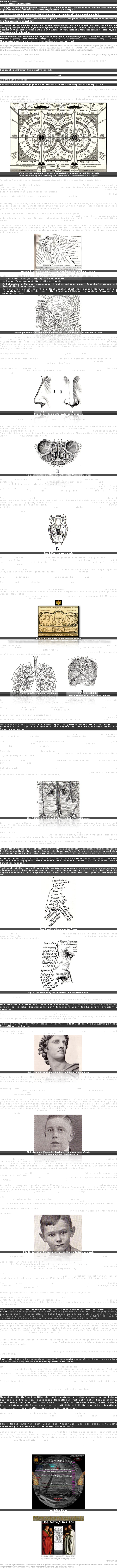 Vorbemerkungen
© Medical-Manager Wolfgang Timm

Der Begriff „Krankenphysiognomik“ stammt original von Carl Huter. Carl Huter ist der naturwissenschaftliche Begründer der Menschenkenntnis, Psycho-Physiognomik & Kallisophie.

Der Begriff „Krankenphysiognomik“ ist nicht identisch mit dem Begriff „Pathophysiognomik“!

Das Hutersche Spezialgebiet, „Krankenphysiognomik“, ist ein Teilgebiet der Wissenschaftlichen Menschen-kenntnis von und nach Carl Huter.

Carl Huter, Nichtakademiker, ging zunächst vom Gesunden aus. Erst dann Abweichung von Gesundheit und Darlegung entsprechender psycho-physiognomischer Merkzeichen für jeweils belastete Areale auf dem Huterschen Wissenschaftsfundament seiner Neulehre Wissenschaftliche Menschenkenntnis - also Psycho-Physiognomik & Kallisophie.

Kenntnisnahme und Selbststudium originaler Huterscher Krankenphysiognomik ist nützlich für Laien - für Mediziner (Ärzte), Heilberuflich Tätige (u.a. Klinische Psychologen, Pflegepersonal, etc),  diverse Therapeutengruppierungen (u.a. Heilpraktiker, Naturärzte, etc.) ein Muß!

Es folgen Originaldokumente vom bedeutsamsten Schüler von Carl Huter, nämlich Amandus Kupfer (1879-1952), zur Huterschen Krankenphysiognomik. Krankenphysiognomik Teil 1 wurde im Jahr 1932 publiziert - Krankenphysiognomik Teil 2 im Jahr 1954. Beide Teile sind zusammengehörend zu studieren.

Husum (Schobüll), 11. Februar 2007                                                                  Medical-Manager Wolfgang Timm


Neuherausgeber: Medical-Manager Wolfgang Timm, Husum (Schobüll) © 1998-2007



Das Gesicht des Kranken (Krankenphysiognomik)

I. Teil

von und nach Carl Huter

Bearbeitet und herausgegeben von Amandus Kupfer, Schwaig bei Nürnberg © 1932

Die medizinische Wissenschaft kannte vor Carl Huter nur einige Erfahrungstatsachen über die Krankenphysiognomik.

Zu dieser gehört auch der Krankheitsbefund aus den Augen. Beides zusammen ist eine Spezialwissenschaft, die Huter mit Hilfe seiner genialen Entdeckungen in vierzigjähriger Lebensarbeit umfassend begründete und ausbaute.
￼
Tafel LVII Der mathematisch-psycho-physikalische Lebensgrundplan der Iris.
Originalentdeckung und Zeichnung von Carl Huter. Hauptwerk Lehrbrief V. Hinzugefügt

Anmerkung Timm: Näheres zur Huterschen Spezialwissenschaft über das Auge hier in Rubrik „Sehen“.

Wir verweisen in dieser Hinsicht auf die Originalwerke Huters. Zu diesen kann man auch in gewisser Hinsicht die Schriften des Verfassers rechnen, da dieselben sich stets streng an die Lehren Huters halten, sich auf unveröffentlichte Niederschriften Huters stützen, sowie auf dessen einstmaligen persönlichen Unterricht, ohne daß der Herausgeber Anspruch auf irgendwelche Findungen als sein geistiges Eigentum erhebt und erheben kann. Er hat lediglich wie seit 25 Jahren, so auch hier die Absicht verfolgt, was Huter gelehrt hat, der Mit- und Nachwelt zu erhalten.

Es erübrigt sich daher, auf diese Werke näher einzugehen, um so mehr, da angenommen wird, daß der Leser dieser Schrift schon etwas von den übrigen Werken Huters kennt oder doch gewillt ist, sich mit denselben bekanntzumachen1 .

Um dem Leser von vornherein einen guten Überblick zu geben, wie die Körperorgane mit bestimmten Teilen des Gesichts korrespondieren, sich also hier gewissermaßen widerspiegeln und in ihrer Tätigkeit erkannt werden können, ist in Figur 1 der Ausschnitt zu einem psychophysiognomischen Kanon Huters abgebildet.

Der Leser betrachte denselben und präge sich an der Hand der im weiteren folgenden Einzelerklärungen die Einzeichnungen im Gesicht ein. Zunächst ist es für den Neuling auf diesem Gebiet schwer, einen systematischen Aufbau in dieser Fülle von Einzeichnungen wahrzunehmen.
￼
Ausschnitt aus einem neuen psycho-physiognomischen Kanon Huters.

Dieser Kanon stellt eine Norm dar, nach welcher man folgendes festsetzen kann:
1. Charakter, Anlage, Neigung und Seelenkraft.
2. Rasse, Temperament, Naturell und Impuls.
3. Lebenskraft, Gesundheitszustand, Krankheitsdisposition, - Krankheitsneigung und Krankheits-Erscheinung.
4. Kann man danach sowohl die Reaktionsfähigkeit des ganzen Körpers auf die verschiedenen Heilmittel, sowie die Reaktions-Fähigkeit einzelner Gewebe und Organe festsetzen.
￼
Flüchtiger Entwurf zu einem Studienkopf von Carl Huter etwa aus dem Jahre 1900.

In Figur 2 führe ich dem Leser die Skizze eines Studienkopfes vor Augen, den Huter etwa 1900 selbst flüchtig entworfen hat. Der Grund, weshalb ich den Studienkopf hier bringe, ist hauptsächlich der, daß ich ihn erhalten möchte, da er von der Hand Huters stammt. Außerdem enthält derselbe einige sehr interessante Einzeichnungen, die wir anderswo nicht finden. Ich mußte allerdings die Inschriften mit Tusche überzeichnen, da die Bleistiftschrift schon ganz verblichen war.

Wir beginnen nun mit der wichtigsten Lebensfunktion, der Atmung und Lungentätigkeit.

Wir ziehen dabei nicht nur die Organtätigkeit an sich in Betracht, sondern auch ihren Zu-sammenhang mit den weiteren körperlichen und geistigen Funktionen, sowie die Aus-wirkung auf die äußere Körperform und vor allen Dingen auf das menschliche Gesicht.

Betrachten wir zunächst den Bau der inneren und äußeren Atmungsorgane, die zum Ernährungssystem des Körpers gehören. (Die Luft ist unsere erste und wichtigste Nahrung.)
￼
Fig. 1.                                   Fig. 2.
Die Nase, das äußereAtmungsorgang

Figur 1 und 2, die Nase, von der Seite und von vorn gesehen, ist das äußere Hauptorgan der Atmung und Lungentätigkeit.

Kein Tier auf unserer Erde hat eine so ausgeprägte und eigenartige Nasenbildung wie der Mensch. Sie muß also etwas spezifisch Menschliches kennzeichnen. Die äußere Nasenform hat sich allmählich mit der wachsenden Großhirnkultur des Menschen herausgebildet. Die Nase zeigt daher in ihrer äußeren Form auch vornehmlich die Eigenschaften, die man unter dem Wort "Charakter" zusammenfassen kann2.
￼
Fig. 3. Das Innere der Nase im senkrechten Querdurchschnitt.

In Figur 3 sehen wir links und rechts zwei große Hohlräume, welche die Augenhöhlen darstellen. Das Innere der Nase ist, wie die Figur zeigt, sehr eigenartig und vielseitig gebaut. Bei (1) sehen wir die Teilung in die beiden Nasenhälften, eine ähnliche zweiseitige Organisation wie bei dem linken und rechten Lungenflügel in (2), (3) und (4) ist die obere, untere und mittlere Nasenwurzel zu sehen, in (5) die Nasenscheidewand, in (6) der Gaumen, in (7) das Zäpfchen und in (8) die Oberkieferhöhle.

Die eingeatmete Luft wird im Innern der Nase einer Behandlung unterzogen, sie wird zuerst grob und dann fein entstaubt, sie wird dann chemisch behandelt, sterilisiert, erwärmt, durch den Geruch geprüft, wobei durch das Empfinden der Zellen chemische Vorgänge ausgelöst werden, die geeignet sind, schlechte Luftteile unschädlich zu machen. Ferner wird die Luft angefeuchtet, eingeatmet und schließlich wieder ausgeatmet. Damit sind belebende, erneuernde, die Lust am Leben, das Lebensgefühl stärkende, physiologische und psychologische Vorgänge verbunden.
￼
Fig. 4. Das Kehlkopfgerüst.

In Figur 4 ist das Kehlkopfgerüst von hinten gesehen dargestellt. In (1) ist das Zungen-bein, in (2) der Kehlkopfdeckel, in (3) die Schildknorpel, in (4) der Ringknorpel, in (5) der Gießkannenknorpel, in (6) die santorinischen Knorpelspitzen und in (7) ist die Luftröhre zu sehen.

Der Kehlkopf ist das Endglied der Luftröhre, durch welche die Luft der Lunge zugeführt wird, und man muß ihn infolgedessen zu den Atmungsorganen rechnen.

Die Atmung bedingt die Kehlkopftätigkeit und ebenso die Stimme und Sprache.

Die Stimme und Sprache aber ist das Mittel des Geistes, um mit der Außenwelt lebendig tätig in Verbindung und Geistesaustausch zu treten.

So ist das Geistige und Körperliche von der Natur eng miteinander verbunden, und daher sollte auch im menschlichen Leben niemals das Körperliche vom Geistigen ganz getrennt werden. Man sollte das Seelische und Geistige des Menschen in seinem körperlichen Ausdruck suchen und danach einen Wertmesser anlegen, der maßgebend ist für unser Denken und Handeln, für unsere Sitten und Gesetze.
￼
￼
Des Körpers Form ist seines Wesens Spiegel.
(Quelle: Der gute Menschenkenner Nr. 12. 1933. Rangordnung der Persönlichkeiten. Hrsg. Amandus Kupfer. Hinzugefügt)

Diese Lehre stellt die körperlichen, seelischen und geistigen Zusammenhänge klar dar und bahnt damit die Grundlage für eine Gerechtigkeit an, die bisher dem modernen Gesellschafts- und Völkerleben bitter fehlte. Die psycho-physiognomische Wissenschaft gipfelt in der Lehre von der Rangordnung der Persönlichkeiten, welche in den bereits empfohlenen Werken näher behandelt ist.
￼￼
Fig. 5. Luftröhrenapparat der Lunge.                               Fig. 6. Brusthöhle
                                                                                                    von vorne geöffnet, mit Lunge und Herz.

In Figur 5 und 6 sind die inneren Atmungsorgane dargestellt. In (1) der Figur 5 sehen wir den Kehlkopf, in (2) die Luftröhre, in (3) und (4) den linken und rechten Luftröhrenast.

In 1, 2, 3, 4 und 5 der Figur 6 sehen wir die Lappen des rechten und linken Lungenflügels, welche den Luftröhrenast umschließen. -

Stellen wir uns nun den unmittelbaren Zusammenhang von Luftröhrenast und Lunge, Luftröhre und Kehlkopf, des Inneren der Nase mit den äußeren Nasenflügeln vor, so erkennen wir, daß die Nasenflügel ein Hauptglied in der Kette der Atmungsorgane sind.

Wir können mit Recht sagen, die Nasenflügel sind gewissermaßen ein Stück Lunge, das sichtbar zutage liegt. Sie offenbaren den Krankheits- und Gesundheitszustand der Atmung und Lunge.

Dem inneren anatomischen Bau entsprechend spiegelt der linke Naseflügel vorzugsweise den Zustand der linken und der rechte Nasenflügel den Zustand der rechten Lunge wieder.

Die unteren Nasenflügel spiegeln vornehmlich den Zustand der unteren Lungenteile, die mittleren Nasenflügel den Zustand der mittleren Lungenteile und die oberen Nasen-flügel die oberen Lungenteile wieder.

Sind die unteren Lungenteile leidend, so hängt dieses oft mit einer Erkrankung der oberen Leiborgane, Magen, Leber, Milz usw. zusammen, und man suche daher auf diese Organe günstig einzuwirken.

Sind die oberen und mittleren Lungenteile schwach, so halte man die Brust warm und sehe auf richtige Atmung und evtl. Luftveränderung.

Daß aber auch das innere Leben der Lunge, - Leben ist etwas Geistiges und Seelisches, es beruht stets auf Empfindung, - mit dem Leben und Empfinden im Innern der Nase und in den Nasenflügeln in stetem Kraft- und Stoffaustausch steht, werden wir weiterhin noch sehen. Ebenso werden wir dann erkennen, daß das Leben des ganzen Körpers mit der Form und Beschaffenheit der inneren und äußeren Nase in bestimmtem Zusammenhang steht.
￼
Fig. 7. Ein Stück Haut nach mikroskopischer Vergrößerung.

In Figur 7 ist ein Stück Haut dargestellt. Die Haut ist ein sehr wichtiges Lebensorgan und daher für die Beurteilung von Gesundheit und Krankheit, Wohlsein und Kraft von der größten Bedeutung.

Eine solche mikroskopische Darstellung der Haut zeigt, welche komplizierten anatomischen Gebilde sie aufweist. Welche komplizierten, chemischen Vorgänge sich darin abspielen, ist ebenfalls durch feine Untersuchungen feststellbar. Welche psychischen Vorgänge aber dieses den meisten Reizen ausgesetzte Organ, die Haut, birgt, ist bis heute instrumentalen Messungen unzugänglich. Hierüber kann nur die feinste psycho-physiognomische Schulung Aufschluß bringen.

In der Haut vereinigen sich alle Lebenskräfte, Lebensstoffe und auch Krankheitsstoffe. Die Form der Haut, der Haare, Augen, die Spannkraft und Farbe derselben offenbart den Gesundheits- und Krankheitszustand, soweit dieser für das gesamte Leben in Frage kommt.

Höheres Leben kann überhaupt nur in Organismen, die eine Haut haben, bestehen. Die Haut ist der Kreuzungspunkt aller inneren und äußeren Kräfte und in diesem Sinne Bewußtseinsorgan.

Auch rechnet die Haut mit zum äußeren Atmungsapparat, da durch sie die gasige Aus-dünstung und Schweißabsonderung, sowie die Porenatmung vor sich geht. Bei Erkrank-ungen verändert sich die Qualität der Haut, die zu studieren von größter Wichtigkeit ist.
￼
Fig. 8. Äußere Einteilung der Nase.

Figur 8 zeigt die äußere Einteilung der Nase. Von der Nase seitlich abwärts kennzeichnet unsere Figur den Zug des Herzens, des Lebens und der Seele. Darüber werden später eingehende Erklärungen gegeben.
￼
Fig. 9. Die Bedeutung der mittleren Teile der Nasenform.

Figur 9 ist ein Ausschnitt aus dem Gesichtskanon Huters, der zur Feststellung von Gesundheit und Krankheit dient und der speziell für diese Abhandlung in Betracht kommt.

Man studiere die einzelnen Daten der Nasenform, sie sind nicht willkürlich eingesetzt, sondern ihr logischer Zusammenhang mit dem innern Leben des Körpers wird weiterhin dargelegt.

Die Ein- und Ausatmung hat zur Folge, daß sich die Nasenflügel bewegen, sie vibrieren, dehnen, weiten und engen sich,  je nachdem die Atmung kurz oder lang, voll und tief, mit Freude und gerne, oder mit Mißbehagen und unlustig geschieht.

Da sich der Vorgang der Atmung ständig wiederholt, so läßt sich die Art der Atmung an den Nasenflügeln erkennen.

Man betrachte den Apollo, Bild 10. Glücklich und gesund, froh und heiter, ideal, edel und schön schaut diese Göttergestalt in die Welt.
￼
Bild 10. Apollo, Gott der Schönheit und der schönen Künste.

Man präge sich dieses Bild ein, um eine gute Gesundheitsnorm bei allen Untersuchungen geistig klar vor Augen zu haben. Plastisch stark, kraftvoll gespannt, von reiner großartiger Form sind die Nasenflügel, es ist, als schaue man förmlich die gesunde freie Atmung. Hier ist der ganze Lebensfluß auf vollendeter Höher. -

Anmerkung Timm: Carl Huter geht zunächst vom Gesunden aus. Erst nach Einprägung einer guten Gesundheitsnorm (Hier Bildnis Apollo) geistig klar vor Augen folgt Spezialgebiet Hutersche Krankenphysiognomik, also Abweichung von Gesundheit an Hand von psycho-physiognomischen Merkzeichen jeweiliger Areale.

Menschen, die nach irgendeiner Methode systematisch tief ein- und ausatmen, haben die gespannten, in der Kontur sich stark abhebenden Nasenflügel. Damit ist aber nicht gesagt, daß diese Art Atmung für jeden Menschen empfehlenswert sei, denn sie wird oft übertrieben oder stark einseitig gehandhabt. Dann bleiben natürlich die schädlichen Folgen nicht aus, da auf eine zu starke Anspannung eine ebensolche Erschlaffung folgen kann. Hier muß eine individuelle Handhabung eintreten, für welche die "Naturelltypenlehre" die beste Grundlage bietet3 .
￼
Bild 11. Junger Mann, der durch den Mund zu atmen pflegte
und früh an Lungenentzündung starb.

Bild 11 zeigt einen jungen Mann, der meistens durch den Mund zu atmen pflegte. Obwohl die Lunge nicht krank ist, besteht doch eine Geneigtheit zur Erkrankungen der Atmungs-organe. Seine Gesundheit war zart. Er war sehr eifrig und meldete sich aus der Schreibstube zum richtigen Soldatendienst in feuchtem Marschland an der Nordsee. Der ersten starken Erkältung erlag er infolge Lungenentzündung innerhalb weniger Tage.

Der offene Mund und die kleinen, nur schwachen Nasenflügel fallen dem Beschauer des Bildes leicht auf. Das weiche Gewebe des Gesichts mit den schmalen Jochbeinen, das glasig erscheinende Auge und andere Merkmale, auf die wir später noch zu sprechen kommen, zeigen die an sich schwache Lebenskraft.

Es ist klar, hätten die Menschen seiner Umgebung die Krankenphysiognomik gekannt, dann hätte man einen Dienst, der Anforderungen an Kraft und Gesundheit stellt, ihm nicht gegeben, sondern gerade entgegengesetzt gehandelt. Der Junge war in seinem Wesen sehr gut, hatte auch ein gutes Gedächtnis, was die gewölbte, mittlere Stirn zeigt. -

Daß die mangelhafte Atmung durch die Nase schädlich auf die Entfaltung der Intelligenz einwirkt, ist bekannt. Erst wenn nach dem Zahnwechsel oder zu Beginn der Geschlechtsreife die körperliche Entwicklung einen mächtigen Antrieb erhält und die Nasenatmung besser wird, stellt sich meist eine auffallende Stärkung der Intelligenz und der geistigen Willenskraft ein.

Daran erkennen wir den nahen Zusammenhang zwischen kräftiger, gesunder Atmung und der Entfaltung der seelischen und geistigen Kräfte. Wir kommen weiterhin hierauf noch zu sprechen.
￼
Bild 12. Ein lieber Knabe, zu Nerven- und Lungenleiden disponiert.

Bild 12 zeigt einen Knaben, der eine Disposition zu Nerven- und Lungenleiden hat.

Das erstere erkennt man an den etwas eingesunkenen, lose stehenden, seelenvollen Augen (das Empfindungsleben herrscht vor) mit dem weichen, etwas leidvollen Ausdruck, der Stirnbildung, die wie sorgenvoll ist, den sehr dünnen unteren Augenlidern und einem Abglanz von Schwermut, der über diesem Kindergesicht liegt.

Die Anlage zu Lungenleiden erkennt man an den schwachen Nasenflügeln mit dem sehr zarten Gewebe, das ziemlich leblos erscheint. Der Kopf erscheint wie schwer gehalten, er neigt sich nach rechts und vorne zu und läßt die sehr zarte Brust ganz richtig vermuten.

Der Knabe bekam Lungenentzündung und die Ärzte gaben ihn auf. Huter selbst hat ihn daraufhin durch Bestreichen, durch Übertragung der Lebenskraft, durch die sogenannte Heliodabehandlung glänzend geheilt.

Anmerkung Timm: Nähers u.a. zur Huterschen Heliodabehandlung hier in Rubrik „Heilwissen“.

Wenn man sich dieses zarte, sehr weiche und eindrucksvolle Gewebe des Knaben vorstellt, so kann man es leicht verstehen, daß die Übertragung der Lebenskraft hier die einzig richtige Behandlungsart ist, die man leicht anwenden kann und die am schnellsten Heilung verspricht.

Wenn ich hier der "Heliodabehandlung", ein neues Lebenskraft-Heilverfahren, wie sie Huter lehrte und begründete, das Wort rede, so geschieht es aus der Überzeugung heraus, daß diese zweifellos unter allen Heilbehandlungen die allererste Stelle einnimmt und bei Erkrankungen zuerst angewendet werden sollte. Dabei behalten natürlich alle andern Heilmethoden ihre volle Gültigkeit und den gleichen Wert, den sie bisher hatten.

Ich meine nur, wenn ein Mensch krank wird, so behandelt man ihn unwillkürlich liebevoll, hält alle Sorgen und Aufregungen tunlichst von ihm fern, spricht ihm gut zu, sucht langsam seine Freude zu heben, macht ihm Hoffnung, tut ihm Gutes, streicht ihn womöglich liebevoll usw. Das geschieht instinktiv und unbewußt richtig. Kurz und gut, es läuft dem Sinne nach auf eine "Heliodabehandlung" hinaus, die aber auch - wie Huter lehrte - systematisch, d.h. nach wissenschaftlicher Methode durch Bestreichen angewendet werden kann.

Diese Behandlungen werden in unmittelbarer Nähe des Patienten vorgenommen. Ich will also keineswegs der Helioda-Fernbehandlung das Wort reden, wie sie in letzter Zeit bombastisch propagandiert wurde.

Zweifellos gibt es eine Fernbehandlung mit Helioda. Diese setzt aber Bedingungen voraus, die sehr selten gegeben sind, - eine ganz besondere, sehr, sehr edle und magische Veranlagung.

Carl Huter hat die Fernbehandlung meines Wissens nicht ausgeübt, wohl aber mit geradezu wunderbarem Erfolg die Nahbehandlung mittels Helioda4 . -

Ist die Atmung eines Menschen oberflächlich, so haben die Nasenflügel keine besondere Spannung, sie sind schlaffer und fühlen sich oft etwas verhärtet oder brüchig an. Auch ist die Farbe der Gewebe dann meist etwas bleicher, blaß oder unrein in der Zeichnung. Wenn man scharf hinsieht, so kann man auch wohl beobachten, daß die Konstanz und Festigkeit des Gewebes nicht besonders gut ist, - die Haut nicht die gesunde lebendige Frische hat.

Es liegt dann eine Schwächung der Atmung und Lunge vor, die natürlich auch leicht eine gewisse Anfälligkeit für Erkrankungen der Atmungsorgane einschließt.

Es gibt oft die Gesamtkonstitution, wie wir noch sehen werden, einen wesentlichen Ausschlag.

Menschen, die tief und kräftig ein- und ausatmen, die eine gesunde Lunge haben, besitzen die kraftvollen, gespannten Nasenflügel, mit sehr guter Formzeichnung, Modellierung und Elastizität. Die Farbe ist frisch, das Gewebe kernig, voller Leben, Kraft und Gesundheit. Entsprechend fest ist natürlich auch die Haltung und der Brustbau. Dieser ist voll, warm, kräftig, frisch und schön gezeichnet. -

Wenn nun ausgeatmet wird, dann treten die Nasenflügel wiederum in Aktion und zwar in dem Maße, als die Atmung kurz oder lang, kräftig und tief oder schwach und oberflächlich ist.

Damit findet zwischen dem Leben der Nasenflügel und der Lunge eine stete Verbindung, ein steter Kraft- und Stoffaustausch statt.

Daher erkennt man an den Nasenflügeln, je nachdem sie frisch und gespannt, oder welk und matt sind, verhärtet, verfärbt, eingefallen und wie leblos, oder sammetweich und voller Leben, in frischer und gesunder Farbe, stark gerötet, geädert und wie entzündet aussehen, Krankheit und Gesundheit, Kraft und Schwäche der Atmung und Lunge.

Carl Huter, ein genialer Beobachter der Krankheitsmerkmale, war z.B. imstande, in seinen öffentlichen Experimentalvorträgen auf der Bühne an fremden Personen den Gesundheits- und Krankheitszustand der Atmungsorgane an untrüglichen Merkmalen mit frappierender Sicherheit festzustellen.
￼
Levitating Stone
(Hinzugefügt)
￼
￼
Erstellt 1998. Update 22. April 2007
© Medical-Manager Wolfgang Timm
Fortsetzung
Die  Kronen symbolisieren die höhere Natur in jedem Menschen, sein individueller potentieller innerer Adel. Jedermann ist verpflichtet seinen inneren Adel nach Albrecht Dürer und Carl Huter zu heben.