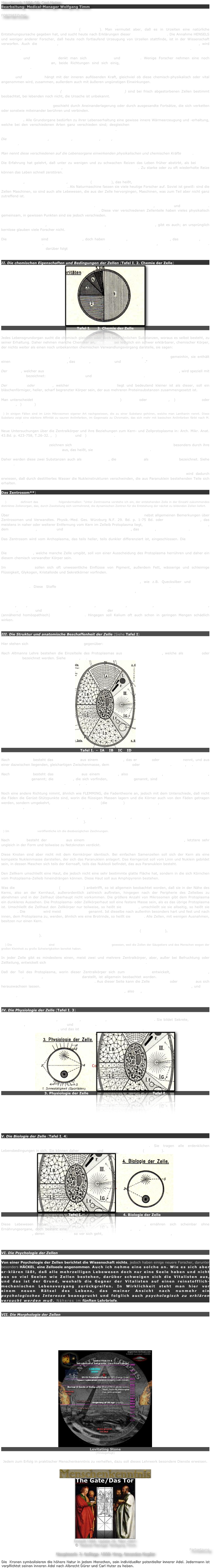 Hauptwerk 1904-06. Carl Huter
Bearbeitung: Medical-Manager Wolfgang Timm

FORTSETZUNG

Die Entstehung der Lebensgrundorganismen ist unbekannt. Die heutigen werden sämtlich auf Teilung als ursächliche Entstehung zurückgeführt (VIRCHOW). Man vermutet aber, daß es in Urzeiten eine natürliche Entstehungsursache gegeben hat, und sucht heute nach Erklärungen dieser Urzellschöpfungen. Die Annahme HENSELS und weniger anderer Forscher, daß heute noch fortlaufend Urzeugung von Urzellen stattfinde, ist in der Wissenschaft verworfen. Auch die Annahme, daß ein Gott durch einen Schöpfungsakt Ur-Lebewesen erzeugt habe, wird bestritten. Man führt alle Schöpfung auf Materie und Kraft und nicht mehr auf Geist und Gott zurück.

Wachstum und Vermehrung denkt man sich mechanisch und chemisch. Wenige Forscher nehmen eine noch unbekannte Lebenskraft an, beide Richtungen sind sich einig, daß bestimmte günstige Bedingungen dazu notwendig sind.

Verfall und Auflösung hängt mit der inneren auflösenden Kraft, gleichviel ob diese chemisch-physikalisch oder vital angenommen wird, zusammen, außerdem auch mit äußeren ungünstigen Einwirkungen.

Innere Molekularbewegungen (Oszillieren kleiner Einzelteilchen) sind bei frisch abgestorbenen Zellen bestimmt beobachtet, bei lebenden noch nicht, die Ursache ist unbekannt.

Die Verbindung der Zellen geschieht durch Aneinanderlagerung oder durch ausgesandte Fortsätze, die sich verketten oder sonstwie miteinander berühren und verbinden.

Temperatur. Alle Grundorgane bedürfen zu ihrer Lebenserhaltung eine gewisse innere Wärmeerzeugung und -erhaltung, welche bei den verschiedenen Arten ganz verschieden sind; desgleichen verlangen die verschiedenen Individuen gewisse äußere Wärmequellen und Temperaturbedingungen.

Die Reaktion auf Wärme, Elektrizität, Magnetismus, Licht, Druck usw. ist bei den verschiedenen Zellen ver-schieden.

Man nennt diese verschiedenen auf die Lebensorgane einwirkenden physikalischen und chemischen Kräfte Reize.

Die Erfahrung hat gelehrt, daß unter zu wenigen und zu schwachen Reizen das Leben früher abstirbt, als bei mäßig starken und vielseitigen Reizen, die das Leben erhöhen und vermehren. Zu starke oder zu oft wiederholte Reize können das Leben schnell zerstören.

Die Zelle ist, als Maschine gedacht, selbsttätig (Automobil), das heißt, sie hat ihre Kraft und ihren Kraftantrieb in sich selbst und durch sich selbst. Als Naturmaschine fassen sie viele heutige Forscher auf. Soviel ist gewiß: sind die Zellen Maschinen, so sind auch alle Lebewesen, die aus der Zelle hervorgingen, Maschinen, was zum Teil aber nicht ganz zutreffend ist.

Die innere Verschiedenartigkeit des Zellkörpers. Die Zelle besteht aus Zelleib, Zellkern und Zentralkörper. Manche Zellen haben auch noch eine äußere Haut. Diese vier verschiedenen Zellenteile haben vieles physikalisch gemeinsam, in gewissen Punkten sind sie jedoch verschieden.

Hohl gewordene Zellen, die einen Kern gehabt haben, der aber verkümmert ist, gibt es auch; an ursprünglich kernlose glauben viele Forscher nicht.

Die hautlosen Zellen sind am verbreitesten, doch haben alle Zellen, die selbständig leben, das Bestreben, sich eine Haut zu bilden. Die ersten Urzellen hatten nach HÄCKEL keinen Kern, was auch ich annehme. Ausführliche Erklärung darüber folgt im fünften Lehrbriefe.


II. Die chemischen Eigenschaften und Bedingungen der Zellen (Tafel I, 2. Chemie der Zelle)
￼
Tafel I.      2. Chemie der Zelle

Jedes Lebensgrundorgan sucht die chemisch gleichen oder doch sehr ähnlichen Substanzen, woraus es selbst besteht, zu seiner Erhaltung. Daher nehmen manche Chemiker an, die Zelle sei lediglich ein schwer erklärbarer, chemischer Körper, der nichts weiter als einen noch unbekannten chemischen Verwandlungsvorgang darstelle, sie sagen:

"Die Zelle ist chemisch genommen, ein sehr komplizierter Eiweißkörper, Protoplasma gemeinhin, sie enthält einen natronhaltigen Proteinkörper, das Plastin, viel Wasser und wenig Salze."

Der Zelleib, welcher aus chemisch mindestens zwei hauptverschiedenen Körpern bestehen soll, wird speziell mit Protoplasma bezeichnet: Filarmasse "Mitom" und Interfilarmasse "Zytolinin".

Der Zellkern oder Nukleus, welcher im Protoplasmakörper liegt und bedeutend kleiner ist als dieser, soll ein bläschenförmiger, heller, scharf begrenzter Körper sein, der aus mehreren Proteinsubstanzen zusammengesetzt ist.

Man unterscheidet fünf chemisch verschiedene Bestandteile: a) nuklein oder Chromatin, b) Paranuklein oder Pyrenin, c) Linin*)

*) In einigen Fällen sind im Linin Mikrosomen eigener Art nachgewiesen, die zu einer Substanz gehören, welche man Lanthanin nennt. Diese Substanz zeigt eine stärkere Affinität zu sauren Anilinfarben, im Gegensatz zu Chromatin, das sich mehr mit basischen Anilinfarben färbt nach M. HAIDENHAIN.

Neue Untersuchungen über die Zentralkörper und ihre Beziehungen zum Kern- und Zellprotoplasma in: Arch. Mikr. Anat. 43.Bd. p. 423-758, T.26-32. , d) Kernsaft und e) Amphipyrenin.

Nuklein und Paranuklein zeichnen sich zum Unterschiede von den drei anderen Substanzen besonders durch ihre Affinität Farbstoffen gegenüber aus, das heißt, sie können leicht gefärbt werden.

Daher werden diese zwei Substanzen auch als chromatische, die drei anderen als achromatische bezeichnet. Siehe Tafel I.

Die chemische Verschiedenheit dieser zwei chromatischen Substanzen des Zellkernkörpers wird dadurch erwiesen, daß durch destilliertes Wasser die Nukleinstrukturen verschwinden, die aus Paranuklein bestehenden Teile sich erhalten.

Das Zentrosom**)

**) BOVERI definiert das Zentrosoma folgendermaßen: "Unter Zentrosoma verstehe ich ein, der entstehenden Zelle in der Einzahl zukommendes distinktes Zellenorgan, das, durch Zweiteilung sich vermehrend, die dynamischen Zentren für die Entstehung der nächst zu bildenden Zellen liefert.

Über das Verhalten der Zentrosomen bei der Befruchtung des Seeigel-Eies nebst allgemeinen Bemerkungen über Zentrosomen und Verwandtes. Physik.-Med. Ges. Würzburg N.F. 29. Bd. p. 1-75 Bd. oder Zentralkörperchen, das meistens in naher oder weiterer Entfernung vom Kern im Zelleib Protoplasma liegt, soll aus einer gleichartigen Masse, dem Zentroplasma, bestehen und einen noch kleineren Zentralkörper, das Zentriol, in sich schließen.

Das Zentrosom wird vom Archoplasma, das teils heller, teils dunkler differenziert ist, eingeschlossen. Die besonderen chemischen Eigenschaften des Zentrosoms sind nicht bekannt.

Die Zellmembran, welche manche Zelle umgibt, soll von einer Ausscheidung des Protoplasma herrühren und daher ein diesem chemisch verwandter Körper sein.

Im Protoplasma sollen sich oft unwesentliche Einflüsse von Pigment, außerdem Fett, wässerige und schleimige Flüssigkeit, Glykogen, Kristalloide und Sekretkörner vorfinden.

Schädlich sind alle chemischen Elemente von sehr hohem Gewicht, wie z.B. Quecksilber und sonstige Schwermetalle. Diese Stoffe wirken auf die lebende Zelle wie tötendes Gift ein. In sehr geringen homöopathischen Verdünnungen können sie starke Reize bewirken, die das Leben und den chemischen Prozeß anregen, ohne zu zerstören.

Wasser, Fett, atmosphärische Luft, Zuckerstoff, Kohlenhydrate, Eiweißstoffe, leichte Erden wie Silizium, Natrium, Kalzium und Eisen in sehr geringen Mengen in der Form der Schüßlerschen biochemischen Heilmittel (annähernd homöopathisch) wirken belebend. Hingegen soll Kalium oft auch schon in geringen Mengen schädlich wirken.


III. Die Struktur und anatomische Beschaffenheit der Zelle (Siehe Tafel I)

Hier stehen sich vier verschiedene Ansichten gegenüber:

Nach Altmanns Lehre bestehen die Einzelteile des Protoplasmas aus einzelnen Körnchen, welche als Granula oder Bioblasten bezeichnet werden. Siehe Tafel I, IA.
￼
 Tafel I.  -  IA    IB    IC    ID

Nach FLEMMING besteht das Protoplasma aus einem Fadengerüst, das er Mitom oder Filarmasse nennt, und aus einer dazwischen liegenden, gleichartigen Zwischenmasse, dem Paramitom oder Interfilarmasse. Tafel I, IB.

Nach BÜTSCHLI besteht das Protoplasma aus einem wabigen, also hohlkammerigen, schaumigen Fachwerk, Spongioplasma genannt; die Körnchen, die sich vorfinden, Mikrosomen genannt, sind nur in den Knotenpunkten des Maschengerüstes eingelagert. Tafel I, IC.

Noch eine andere Richtung nimmt, ähnlich wie FLEMMING, die Fadentheorie an, jedoch mit dem Unterschiede, daß nicht die Fäden die Gerüst-Stützpunkte sind, worin die flüssigen Massen lagern und die Körner auch von den Fäden getragen werden, sondern umgekehrt, daß die kleinen Körnchen (die Granula) Stützpunkte sind, an die die Fäden frei ohne Verbindung, miteinander auslaufen. Tafel I, ID.

Nach meiner Ansicht liegt die Sache so, daß Gerüst, Fäden, Körner, Fibrillen, Flimmern, flüssige und gasige Teile sich bei dem Protoplasma vereinigen*).

*) Im fünften Lehrbrief veröffentliche ich die diesbezüglichen Zeichnungen.

Nach STÖHR besteht der Zellkern aus einem Netz von Lininfäden und gröberer Nukleinstränge, letztere sehr ungleich in der Form und teilweise zu Netzknoten verdickt.

Diese Knoten sind aber nicht mit dem Kernkörper identisch. Bei einfachen Samenzellen soll sich der Kern als eine kompakte Nukleinmasse darstellen, der sich das Paranuklein anlagert. Das Kerngerüst soll vom Linin und Nuklein gebildet sein, in dessen Maschen sich teils der Kernsaft, teils das Nukleoli befindet, das aus Paranuklein besteht.

Den Zellkern umschließt eine Haut, die jedoch nicht eine sehr bestimmte glatte Fläche hat, sondern in die sich Körnchen vom Protoplasma-Zelleib hineindrängen können. Diese Haut soll aus Amphipyrenin bestehen.

Was die Protoplasmakörnchen (Mikrosomen) anbetrifft, so ist allgemein beobachtet worden, daß sie in der Nähe des Kerns, also an der Kernhaut, außerordentlich zahlreich auftreten, hingegen nach der Peripherie des Zelleibes zu abnehmen und in der Zellhaut überhaupt nicht vorkommen. Die größere Anzahl von Mikrosomen gibt dem Protoplasma ein dunkleres Aussehen. Die Protoplasma- oder Zellkörperhaut soll eine festere Masse sein, als es das übrige Protoplasma ist. Umschließt die Zellhaut den Zellkörper nur teilweise, so heißt sie Kutikula, umschließt sie sie allseitig, so heißt sie Pellikula. Die Zellhaut wird meist Zellmembran genannt. Ist dieselbe nach außenhin besonders hart und fest und nach innen, dem Protoplasma zu, werden, ähnlich wie eine Brotrinde, so heißt sie Krusta. Alle Zellen, mit wenigen Ausnahmen, besitzen nur einen Kern.

Das Zentrosoma oder der Strahlkörper der Zelle ist meist im Zelleib (Protoplasma), seltener im Zellkern gefunden worden**).

**) Die Untersuchungsobjekte sind meist Zellen von wirbellosen Tieren gewesen, weil die Zellen der Säugetiere und des Menschen wegen der großen Kleinheit zu große Schwierigkeiten bereitet haben.

In jeder Zelle gibt es mindestens einen, meist zwei und mehrere Zentralkörper, aber, außer bei Befruchtung oder Zellteilung, entwickelt sich nur ein Zentralkörper zum aktiven wichtigen Zellteil.

Daß der Teil des Protoplasma, worin dieser Zentralkörper sich zum Zentrosoma entwickelt, eine mehr hellere, körnerfreie, negative, gleichartige Masse darstellt, ist allgemein beobachtet worden. Bei ruhenden Zellen senkt sich der Kern mehr nach der basalen Polseite hin. Aus dieser Seite kann die Zelle Fortsätze oder Wurzeln aus sich herauswachsen lassen. Nach der freien Oberfläche hin läßt sie meist bewegliche Flimmern entstehen, und hier tritt der Strahlkörper gewöhnlich in die Nähe der Grenzschicht, also da, wo die Zelle sich besonders aktiv betätigt.


IV. Die Physiologie der Zelle (Tafel I, 3)

Die Zelle kann sich ernähren, entwickeln, fortpflanzen, teilweise auch bewegen. Sie bildet Sekrete, sucht sich zu schützen, kann sich verbinden und vermehren. "Sie kann sich höher entwickeln und neigt dahin, sich die Bedingungen dazu zu suchen", und das ist das größte physiologische Rätsel.
￼￼
3. Physiologie der Zelle                                                        Tafel I.                 

Wo sie von der höheren Entwicklung ausgeschaltet ist, da sucht sie sich in den Dienst höherer Lebensorganismen zu stellen, um an dieser Höherentwicklung mitzuarbeiten. Ist das nicht der wunderbare Geist, den ich in der Weltentwicklung ebenso fand, wie ich ihn hier im Leben der Zelle wieder finde, der Geist, der aus Niederem zum Höheren, aus Unvollkommenem zum Vollkommenen strebt!


V. Die Biologie der Zelle (Tafel I, 4)

Alle aus dem lebenden Eiweiß bestehenden Zellen sind Lebewesen. Sie tragen alle erdenklichen Lebensbedingungen in sich. Sie können daher einzellig und für sich allein leben (Protisten).
￼￼
                Tafel I.                                    4. Biologie der Zelle

Diese Lebewesen haben Wahrnehmungsvermögen ohne Sinnesorgane, ernähren sich scheinbar ohne Ernährungsorgane, doch besteht eine Differenzierung ihrer Einzelteile, die, genau betrachtet alle Anlagen der Organe besitzen, deren Arbeitsteilung so vor sich geht, daß der eine Teil der Zelle die eine, der andere Teil die andere Lebensarbeit übernimmt.


VI. Die Psychologie der Zellen

Von einer Psychologie der Zellen berichtet die Wissenschaft nichts, jedoch haben einige neuere Forscher, darunter besonders HÄCKEL, eine Zellseele angenommen. Auch ich nehme eine solche an. Wie es sich aber er-klären läßt, daß alle mehrzelligen Lebewesen doch nur eine Seele haben und nicht aus so viel Seelen wie Zellen bestehen, darüber schweigen sich die Vitalisten aus, und das ist der Grund, weshalb die Gegner der Vitalisten auf einen reinstofflich-mechanischen Lebensvorgang zurückgreifen. In Wirklichkeit steht man hier vor einem neuen Rätsel des Lebens, das meiner Ansicht nach nunmehr ein psychologisches Interesse beansprucht und folglich auch psychologisch zu erklären versucht werden muß. Näheres im fünften Lehrbriefe.


VII. Die Morphologie der Zellen

Nach meiner Ansicht bietet uns die unendliche Mannigfaltigkeit der Formen und Gestalten der Zellen die besten Grundlagen zum Erforschen der Atomgestalten der verschiedenen Elemente und der Molekularverbindungen. Gerade an diesen Formenstudien können die Chemie und die Physik, sowie die Biologie und Psychologie außerordentlich tiefe Rätsel lösen. Bisher ist das anderweitig noch nicht geschehen, ich hoffe dieses in Spezialwerken näher behandeln zu können.
￼
Levitating Stone
(Hinzugefügt)
Jedem zum Erfolg in praktischer Menschenkenntnis zu verhelfen, dazu soll dieses Lehrwerk besondere Dienste erweisen.

￼
￼
Erstellt 1994. Update 26. März 2007.
© Medical-Manager Wolfgang Timm
Fortsetzung
Hauptwerk. 2. Auflage. 1929. Hrsg. Amandus Kupfer

Die  Kronen symbolisieren die höhere Natur in jedem Menschen, sein individueller potentieller innerer Adel. Jedermann ist verpflichtet seinen inneren Adel nach Albrecht Dürer und Carl Huter zu heben.