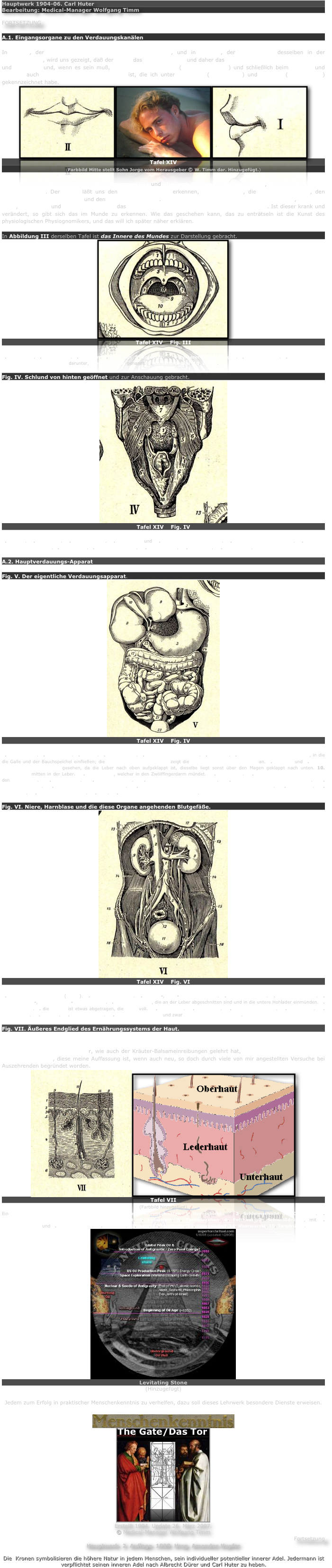 Hauptwerk 1904-06. Carl Huter
Bearbeitung: Medical-Manager Wolfgang Timm

FORTSETZUNG

A.1. Eingangsorgane zu den Verdauungskanälen

In Bild I, der Darstellung des Mundes in der Seiten-, und in Bild II, der Darstellung desselben in der Vorderansicht, wird uns gezeigt, daß der Mund das Anfangsorgan und daher das erste Aufnahmeorgan aller festen und flüssigen und, wenn es sein muß, auch aller gasartigen (bei der Atmung) und schließlich beim Küssen und Saugen auch der Lebenskräfte und Säfte ist, die ich unter Mediome (Seelenfluid) und Helioda (Geistesfluid) gekennzeichnet habe.
￼￼￼
Tafel XIV
(Farbbild Mitte stellt Sohn Jorge vom Herausgeber © W. Timm dar. Hinzugefügt.)

Wer physisch Schönes von außen aufgesogen hat und physisch Schönes innerlich besitzt, der hat auch einen schönen Mund. Der Mund läßt uns den physischen Adel erkennen, das edle Blut, die gesunde Lymphe, den gesunden Magen und Darm und den gesunden Appetit. Da alles Leben an Stoffwechsel gebunden ist, so ist die Fülle, Schönheit und Kraft des Mundes das Thermometer für einen gesunden Stoffwechsel. Ist dieser krank und verändert, so gibt sich das im Munde zu erkennen. Wie das geschehen kann, das zu enträtseln ist die Kunst des physiologischen Physiognomikers, und das will ich später näher erklären.

In Abbildung III derselben Tafel ist das Innere des Mundes zur Darstellung gebracht.
￼
Tafel XIV    Fig. III

1. Oberkiefer. 2. Unterkiefer. 3. Gaumen. 4. Zäpfchen. 5. Vorderer und 6. hinterer Gaumenbogen. 7. Mandeldrüsen. 8. Obere Rachen-enge mit Schlundkopfhöhle darunter, großer Rachen genannt. 9. Kehlkopfdeckel. 10. Zunge.

Fig. IV. Schlund von hinten geöffnet und zur Anschauung gebracht.
￼
Tafel XIV    Fig. IV

1. Zunge. 2. Zäpfchen. 3. Mandeldrüse. 4. Vorderer und 5. hinterer Gaumenbogen. 6. Schlundkopfwandungen. 7. Hintere Nasenhöhlenöffnung. 8. Kehldeckel. 9. Kehlkopfeingang. 10. Speiseröhre. 11. Luftröhre. 12. Unterkiefer.

A.2. Hauptverdauungs-Apparat

Fig. V. Der eigentliche Verdauungsapparat.
￼
Tafel XIV    Fig. IV

1. Speiseröhre. 2. Zwerchfell. 3. Magen. 4. Magenmund. 5. Blindsack des Magens. 6. Pförtner. 7. Zwölffingerdarm mit Öffnung, in die die Galle und der Bauchspeichel einfließen; die punktierte Linie durch 18 zeigt die Lage des Zwölffingerdarms an. 8. Rechter und 9. linker Leberlappen von unten gesehen, da die Leber nach oben aufgeklappt ist, dieselbe liegt sonst über den Magen geklappt nach unten. 10. Gallenblase mitten in der Leber. 11. Gallengang, welcher in den Zwölffingerdarm mündet. 12. Dünndarm. 13. Übergang des Dünndarms in den Dickdarm. 14. Blinddarm. 15. Wurmfortsatz. 16. Aufsteigender Grimmdarm. 17. Rechte Grimmdarmkrümmung. 18. Quergrimmdarm. 19. linke Grimmdarmkrümmung. 20. Absteigender Grimmdarm mit S-förmiger Krümmung. 21. Mastdarm. 22. Harnblase. 23. Bauchspeicheldrüse. 24. Milz. 25. Linker unterer Lungenflügelrand.

Fig. VI. Niere, Harnblase und die diese Organe angehenden Blutgefäße.
￼
Tafel XIV    Fig. VI

1. Große Bauchpulsader (Aorta). 2. Untere Hohlader. 3. Nieren-, Blut- und Pulsadern. 4. Beckenblutader. 5. Beckenpulsader. 6. Schenkelnerv-, Schenkelpuls- und Blutader. 7. Leberblutadern, die an der Leber abgeschnitten sind und in die untere Hohlader einmünden. 8. Beide Nieren. 9. die rechte ist etwas abgetragen, die linke voll. 10. Harnleiter. 11. Harnblase. 12. Mastdarmöffnung. 13. Zwerchfell. 14. Bauchwand. 15. Becken. 16. Oberschenkel. 17. Spitze des Herzens und zwar der rechten Vorkammer.

Fig. VII. Äußeres Endglied des Ernährungssystems der Haut.

Daß die Haut nicht nur Ausatmungs- resp. Ausscheidungsorgan ist, sondern, wie die ernährende Wirkung der Licht-, Luft- und Sonnenbäder, wie auch der Kräuter-Balsameinreibungen gelehrt hat, auch ein Aufsaugungs- und Ernährungsorgan, diese meine Auffassung ist, wenn auch neu, so doch durch viele von mir angestellten Versuche bei Auszehrenden begründet worden.
￼￼
Tafel VII
(Farbbild hinzugefügt)
Ein Stück äußere Körperhaut vom Menschen senkrecht durchschnitten. 1. Hornschicht und 2. Schleimschicht der Oberhaut. 3. Farbenschicht in der Schleimschicht der Oberhaut. 4. Lederhaut. 5. Tastwärzchen. 6. Fetthaut. 7. Schweißdrüsen, mit 8. Schweißkanälen und 9. Schweißporen. 10. Haarbalg. 11. Haar. 12. Haarkeim. 13. Haarzwiebel. 14. Haarwurzel. 15. Talgdrüsen.
￼
Levitating Stone
(Hinzugefügt)
Jedem zum Erfolg in praktischer Menschenkenntnis zu verhelfen, dazu soll dieses Lehrwerk besondere Dienste erweisen.

￼
￼
Erstellt 1994. Update 26. März 2007.
© Medical-Manager Wolfgang Timm
Fortsetzung
Hauptwerk. 2. Auflage. 1929. Hrsg. Amandus Kupfer

Die  Kronen symbolisieren die höhere Natur in jedem Menschen, sein individueller potentieller innerer Adel. Jedermann ist verpflichtet seinen inneren Adel nach Albrecht Dürer und Carl Huter zu heben.