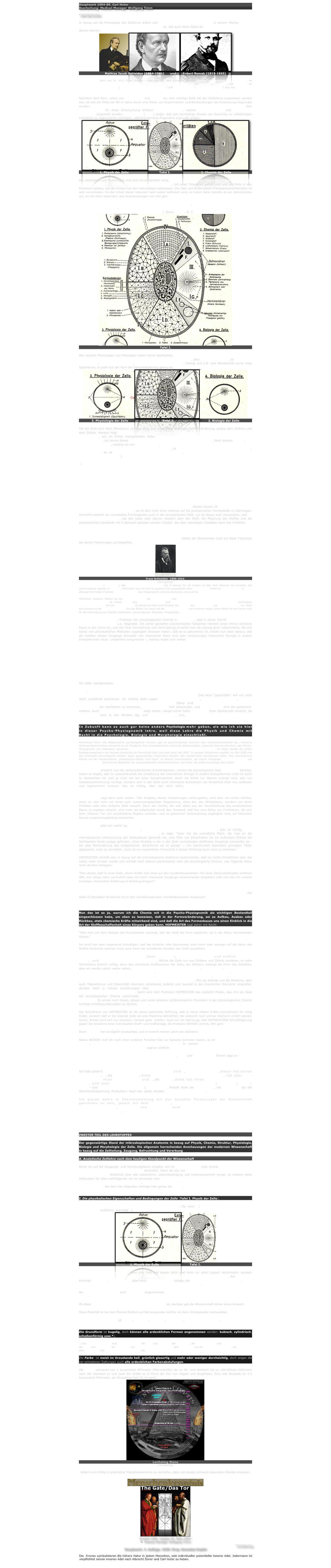 Hauptwerk 1904-06. Carl Huter
Bearbeitung: Medical-Manager Wolfgang Timm

FORTSETZUNG

In bezug auf die Physiologie des Zellkerns äußert sich Professor Dr. VALENTIN HÄCKER in seinem Werke: "Praxis und Theorie der Zellen und Befruchtungslehre 1899" so, daß auch diese Sätze als Beweise für meine Zellenlehre dienen können:
￼￼￼
Mathias Jacob Schleiden (1804-1881)      und       Robert Remak (1815-1865) 
(Hinzugefügt)
Robert Remak: (born July 26, 1815, Posen, Prussia — died Aug. 29, 1865, Kissingen, Bavaria) German embryologist and neurologist. He discovered and named the three germ layers of cells that develop in the early embryo: the ectoderm, mesoderm, and endoderm. He also discovered Remak fibres (nerve fibres with no myelin sheath) and Remak ganglia (neurons in the heart) and was a pioneer in electrotherapy for nervous diseases.
  
Nachdem dem Kern, schon von SCHLEIDEN und REMAK an, eine wichtige Rolle bei der Zellteilung zugewiesen worden war, ist seit der Mitte der 80 er Jahre durch eine Reihe von Experimenten und Beobachtungen die Anschauung begründet worden, daß der Kern ein Zentrum für die stoffbildende und formgestaltende Tätigkeit der Zelle darstelle. Den Ausgangspunkt für diese Untersuchung bildeten Teilungsversuche, welche von NUSSBAUM und GRUBER an Infusorien angestellt wurden. NUSSBAUM (1884) zeigte, daß sich kernhaltige Stücke von Oxytricha zu vollständigen Individuen zu regenerieren vermögen, während kernlose Fragmente zugrunde gingen.
￼￼￼
1. Physik der Zelle                                Tafel I.                                2. Chemie der Zelle

Alle Histologen und Physiologen sind sich ferner darüber einig, daß die sogenannten Vakuolen in dem Zelleibe, die mehr oder weniger scharf abgegrenzte Räume darstellen, mit einer Flüssigkeit gefüllt sind und die Rolle in den Einzellern spielen, wie die Drüsen bei den mehrzelligen Lebewesen. Die Zahl und Größe dieser Protoplasmahohlbehälter ist sehr verschieden. Da der Inhalt dieser Vakuolen nach außen befördert wird, so treten diese Gebilde da am zahlreichsten auf, wo die Zelle sezerniert, also Ausscheidungen von sich gibt.

Meiner Ansicht nach dienen die Vakuolen des Zellprotoplasma dazu, die überflüssigen Stoffe im inneren Zellkörper aufzusaugen, damit sie dem übrigen Lebensvorgange nicht hinderlich sind. Es sind also Substanzregulierungs- und Ausscheidungs-Organe**). Siehe Tafel I, S. 7.
￼
Tafel I.

Alle neueren Physiologen und Histologen haben ferner beobachtet, daß der Zellkern bestimmt begrenzt ist und stets in Gestalt und Form der äußeren Gestalt und Form der Zelle entspricht, also: ist die Zelle rund, so ist es auch der Zellkern, ist sie langgestreckt, hat auch der Kern diese Form. Drängt sich z.B. eine Wanderzelle durch enge Spalträume, so paßt sich der Kern der Formveränderung genau an.
￼￼￼
3. Physiologie der Zelle                                    Tafel I.                                    2. Biologie der Zelle

Hat die Zelle eine Haut (Membran), so folgt diese erst recht jeder beliebigen Formveränderung, analog dem Zellkern und dem Zelleib. Hieraus folgt, daß nicht nur eine innere korrespondierende Empfindungsenergie in der lebenden Zelle wohnt, wie ich früher nachgewiesen habe, sondern daß auch die mechanische Energie miteinander korrespondiert, ich nenne dieses "das mechanisch-biologische Korrespondenzgesetz". Nach diesem Gesetz, das ich schon 1874 fand, erklärte ich mir die Möglichkeit, aus der äußeren Form und Gestalt die innere unsichtbare Form und Gestalt innerer Organe bei Tieren und Menschen, ja in gewissem Grade auch bei manchen Pflanzen, zu berechnen. Es ist das erste von mir entdeckte Naturgesetz, das ich bei lebenden Körpern schon als zwölfjähriger Knabe fand*).

*) Eine unwiderstehliche Neigung trieb mich schon in frühester Kindheit zu psycho-physiognomischen Beobachtungen. Das Finden dieses Gesetzes wurde bestimmend für mein ganzes späteres Leben.

Nach diesem Gesetz entspricht z.B. die Haut oder Schale eines Eies in der typischen Form dem weißen Eiweißkörper und dem gelben Dotter, umgekehrt die typische Form des Dotters entspricht dem Eiweiß und dieses wiederum der Schale. Hiernach läßt sich aus dem Brustbau eines Menschen die Lungengröße, aus der Schädelform die Gehirngröße berechnen. Ja, die individuelle, charakteristische Art des Brustbaues, wie auch der Schädelgestalt, verraten uns sicher die charakteristische Form von Lunge oder Gehirn. Die Disposition zu Lungenleiden, selbst die starken Veränderungen der Lungengestalt bei Lungenkranken sind in bestimmten äußeren Merkmalen der Rücken-, Schulter- und Brustformveränderung leicht zu erkennen, da die äußere Form stets mit der inneren korrespondiert. Dieses Gesetz ist ein rein biologisches und physiologisches Formengesetz, es ist also nicht ohne weiteres auf die anorganischen Formgebilde zu übertragen. Immerhin besteht ein verwandtes Formengesetz auch in der anorganischen Welt, nur ist dieses weit verwickelter, weil im Leben die Form alles ist, bei den toten oder starren Körpern aber der Stoff, die Mischung des Stoffes und die physikalischen Umstände mit in Betracht gezogen werden müssen. Bei allen lebendigen Gestalten kann das fortfallen. Bei den Lebewesen ist immer eine gewisse Wärme, Elastizität, Konzentration, Attraktion, elektrische Oberflächen-Spannung, individuelle Strahlenergie in einem höheren oder geringeren Grade vorhanden, die alle die äußere Form bestimmen. Leben, Geist, Seele, Charakter, Stoffmischung, Substanzart, alles, alles offenbart das Leben in seiner lebendigen Gestalt. Selbst der Biochemiker muß auf diese Tatsachen bei seinen Forschungen zurückgreifen.
￼
Franz Hofmeister (1850-1922)
(Hinzugefügt)
Franz Hofmeister (1850-1922) was an early protein scientist, and is famous for his studies of salts that influence the solubility and conformational stability of proteins. Hofmeister was the first to propose that polypeptides were amino acids linked by peptide bonds in 1902, although this model of protein primary structure was independently and simultaneously conceived by Emil Fischer.

Hofmeister studierte Medizin an der Universität Prag bei Hugo Huppert und habilitierte sich 1879 über physiologische Aspekte von Verdauungsprozessen. Er erhielt 1885 eine Professur in Prag und wechselte 1896 an die Universität Straßburg. Hofmeisters Arbeitsschwerpunkt war die Proteinchemie. Er schlug als erster eine Struktur der Eiweiße aus Aminosäuren mit Peptidbindungen vor. Nach ihm benannt ist die Hofmeister-Reihe, die den Effekt von Ionen auf die Wasserlöslichkeit von Proteinen angibt. Diese Reihe ist auch heute noch für die Aufreinigung von Peptiden bedeutsam. (Source/Quelle: Wikipedia. Hinzugefügt)

Dr. FRANZ HOFMEISTER, Professor der physiologischen Chemie in Straßburg, sagt in seiner Schrift "Die chemische Organisation der Zelle" u.a. folgendes: Die sicher gestellten biochemischen Tatsachen nehmen einen immer breiteren Raum in der Lehre ein, und von ihrer Vermehrung und Verknüpfung erwartet man die Lösung jener Lebensrätsel, die sich bisher rein physikalischen Methoden zugänglich erwiesen haben. Daß es so gekommen ist, erklärt sich eben daraus, daß die meisten vitalen Vorgänge entweder rein chemischer Natur sind oder Umsetzungen chemischer Energie in andere Energieformen bezw. umgekehrt entsprechen -, hieraus ergibt sich weiter für das Studium der Lebensvorgänge als wesentliche Aufgabe, diese chemischen und energetischen Umsetzungen im einzelnen zu verfolgen und zu messen usw.

Nun das ist ja gerade die Arbeit, womit sich die Psycho-Physiognomik so eingehend beschäftigt hat.

Ich habe zuerst die Umsetzung der chemischen Energie nicht nur gemeiniglich in andere Energieformen, sondern sogar in die Lebensenergieform, die Lebensmedioma, nachgewiesen. Ich habe aus den festen Schwermetallen die Umbildung bezw. Neubildung einer Energie dargelegt, die als Reizkraft auf Kohlen-, Stick-, Sauer- und Wasserstoffverbindungen das Lebensfluidum bildete, wodurch das Protoplasma wurde.

Ich habe nachgewiesen, daß man ohne lange vorhergegangene Neubildung der "Endglieder" der chemischen Körper, "der Schwermetalle", gar kein höheres organisches Leben, auf unserer Erde entstanden, annehmen kann. Ich lehre, daß aus den physikalischen, kosmischen Energien die chemischen Energien geschaffen sind, und daß aus den chemischen Energien die geistigen geschaffen wurden. Das Wort "geschaffen" will mir nicht recht zutreffend erscheinen, ich möchte dafür sagen "frei entwickelt wurden", denn als Keim lagen, wie ich nachgewiesen habe, alle Energien schon im Weltäther. Daher sind die physikalischen Vorgänge und Kraftformen am leichtesten zu erkennen, die chemischen weit schwieriger, und die geistigen sind die geheimnis-vollsten. Auch die Erkenntnisentwicklung zeigt dieses. Längst schon hatte die Physik ihren Gipfelpunkt erreicht, als die Chemie noch in den Windeln lag, und die Psychologie, nun, darüber schweigt sich unsere heutige Wissenschaft am meisten aus, weil sie am wenigsten darüber weiß.

In Zukunft kann es auch gar keine andere Psychologie mehr geben, als wie ich sie hier in dieser Psycho-Physiognomik lehre, weil diese Lehre die Physik und Chemie mit Recht in die Psychologie, Biologie und Morphologie einschließt.

Anmerkung Timm: Alle Akademischen psychologischen Schulen, egal ob psychoanalytisch orientiert oder verhaltensmedizinisch etc., verharren wissenschaftstheoretisch betrachtet an der Peripherie. Erst nichtakademische Hutersche Wissenschaften, Hutersche Menschenkenntnis, also Psycho-Physiognomik und Kallisophie, garantiert die Psychologie der Zukunft als Leitkraft über Physik, Chemie. Es findet gerade der größte Paradigmenwechsel in der Neueren Geschichte der Menschheit statt, und zwar heute Jahr 2007. In wenigen Jahrzehnten ungefähr um Jahr 2030 wird das kommende psychologische Zeitalter gegen gegenwärtiges Elektrisches Zeitalter sich unwiderruflich durchgesetzt haben. Mein bescheidenenr Beitrag mit der repräsentativen „Gesamtschau-Digital: Carl Huter“ im Medium Internetmatrix, auf meiner Homepage www.beautybomb.de und www.truthbomb.de. Somit ist der Begründer der wissenschaftlichen Menschenkenntnis, Carl Huter, der größte Psychologe aller Zeiten!

HOFMEISTER erwähnt nun die außerordentlichen Schwierigkeiten, welche die physiologische oder Biochemie bereitet, indem er angibt, daß im Lebenshaushalt die Umsetzung der chemischen Energie in andere Energieformen nicht so leicht zu beobachten ist, weil ja nicht wie bei einer Dampfmaschine durch die Kohle nur Wärme erzeugt wird, also nur Substanzverbrennung vorliegt, sondern weil in der Zelle auch chemische Substanzen die Einzelteile stets neu aufbauen und regenerieren müssen. Das ist richtig, aber das nicht allein, es muß auch die Empfindungs- oder Lebensanreizenergie immer neu angeregt und verjüngt werden.

HOFMEISTER sagt dann auch weiter: "Die Aufgabe, diesen Umsetzungen nachzugehen, wird aber um nichts leichter, wenn es sich nicht um einen sehr zusammengesetzten Organismus, etwa den des Wirbeltieres, sondern um einen Protisten oder eine einfache Zelle handelt. Denn der Vorteil, der sich dabei aus der Vereinfachung des anatomischen Baues zu ergeben scheint, wird mehr als aufgehoben durch den Umstand, daß hier eine Reihe von Funktionen, die sich beim höheren Tier auf verschiedene Organe verteilen, und so getrennter Untersuchung zugänglich sind, auf kleinstem Raume zusammengedrängt erscheinen.

HOFMEISTER gibt nun weiter zu, daß die mikroskopische Anatomie bisher die besten Wissensschätze über das Leben der Zelle zutage gefördert hat, daß sie aber an die Grenzen gekommen sei. Das ist richtig, ohne Annahme der Medioma ist das Latein zu Ende, er sagt: "Zwar hat die unendliche Mühe, die man an die mikroskopische Untersuchung des Zellaufbaues gewandt hat, eine Fülle von Einzelheiten bis zur äußersten Grenze der Sichtbarkeit herab zutage gefördert, einen Einblick in die in der Zelle verlaufenden stofflichen Vorgänge vermochte sie - bei aller Bewunderung des aufgebotenen Scharfsinns sei es gesagt -, von bestimmten besonders günstigen Fällen abgesehen, nicht zu vermitteln. Auch ist ein wesentlicher Fortschritt in dieser Richtung kaum noch zu erwarten."

HOFMEISTER schließt also in bezug auf die mikroskopische Anatomie pessimistisch, daß sie nichts Erhebliches über das Leben mehr bringen würde und schließt auch ebenso pessimistisch über die physiologische Chemie, was folgende Sätze recht deutlich darlegen:

"Man denke, daß in einer Zelle, deren Größe sich etwa auf den hunderttausendsten Teil eines Stecknadelkopfes schätzen läßt, sich einige zehn, vermutlich aber viel mehr chemische Vorgänge nebeneinander abspielen! Läßt sich das mit unserer sonstigen chemischen Erfahrung in Einklang bringen?"

Dieser Forscher flüchtet sich schließlich von der Anatomie und physiologischen Chemie zur Physiognomik zurück und erwartet nun hier und zwar mit Recht, allen weiteren Fortschritt in der Erkenntnis vom Leben. Auf Seite 23 derselben Broschüre tut er den verheißungsvollen, hochbedeutsamen Ausspruch:

"Die Epiginose der Form ist demnach nur ein Ausdruck für die Epiginose chemischer Kräfte."

Nun das ist es ja, warum ich die Chemie mit in die Psycho-Physiognomik als wichtigen Bestandteil eingeschlossen habe, um eben zu beweisen, daß in der Formveränderung, sei es Aufbau, Ausbau oder Rückbau, stets chemische Kräfte mitwirkend sind, und daß die Art des Formenbaues uns einen Einblick in die Art der Stoffbeschaffenheit eines Körpers geben kann. HOFMEISTER sagt daher mit Recht:

"Was man auf dem Gebiete des Kunstwerkes verlangt, daß der Stoff die Form bestimmt, ist in der Natur herrschendes Gesetz."

Ich muß hier aber ergänzend hinzufügen, daß der Künstler oder Baumeister wohl mehr oder weniger auf die Natur des Stoffes Rücksicht nehmen muß, auch kann der schaffende Künstler den Stoff auswählen. Demnach haben wir es nicht nur mit Stoff und Form, sondern mit drei Voraussetzungen beim Kunstwerk zu tun: mit dem geistigen Schöpfer (dem Künstler), mit dem Material und endlich mit der Form, und so ist es auch in der Natur. Würde die Zelle nur aus Zellkern und Zelleib bestehen, so wäre Hofmeisters Ansicht richtig, denn das chemische Kraftzentrum der Zelle, der Zellkern, bedingt die Form des Zelleibes; aber wir werden gleich weiter sehen, daß über diesem chemischen Stoffzentrum, dem Zellkern, eine noch höhere Kraft in der Zelle waltet, es ist die gleiche Kraft, welche beim Kunstwerk vom Künstler ausgeht. Der Künstler wählt den Stoff und bildet daraus die Form. Es ist die geistige Lebenskraft, Helioda, welche als wesentlicher Bestandteil das Leben der Zelle beherrscht. Wie die Helioda und die Medioma, aber auch Magnetismus und Elektrizität chemisch zersetzend, bildend und bauend in die chemischen Elemente eingreifen, darüber mehr in meinen Ausführungen über das chemische Korrespondenzgesetz in der anorganischen, organischen und beseelten Materie. Darin wird Herr Professor HOFMEISTER das vielleicht finden, was ihm als Ideal der physiologischen Chemie vorschwebt, nämlich aus der Form die chemischen Substanzen und Kräfte zu berechnen. Es würde mich freuen, diesen und vielen anderen schätzenswerten Forschern in der physiologischen Chemie wichtige Anhaltspunkte geben zu können, Punkte, die nur diese Psycho-Physiognomik klarzulegen vermag.

Der Schlußreim von HOFMEISTER ist die etwas gedrückte Hoffnung, daß er keine vitalen Kräfte anzunehmen für nötig findet, sondern daß er die lebende Zelle als eine Maschine betrachtet, die vielleicht noch einmal chemisch erklärt werden könne. Dieses wird sich nur teilweise, niemals ganz  erfüllen. Auch bin ich überzeugt, daß HOFMEISTERS Schlußfolgerung gegen die Annahme einer individuellen Stoff- und Kraftanlage, die Professor BOVERI vertritt, fehl geht.

Denn BOVERI hat vorzüglich beobachtet, und er kommt meiner Lehre am nächsten.

Neben BOVERI muß ich noch einen anderen Forscher hier zur Sprache kommen lassen, es ist Professor Dr. PHILIPP STÖHR, Direktor des Anatomischen Instituts in Würzburg. In seinem Lehrbuch der "Histologie und mikroskopischen Anatomie des Menschen" sagt er wörtlich:

"Die wesentlichen Bestandteile einer Zelle sind Protoplasma, Kern und Zentrosoma." Ferner sagt er: "In den Spermien von Ascaris megalocephale univaleus und in Karzinomzellen ist das Zentrosoma innerhalb des Kerns beobachtet worden."

Ich habe gelehrt: Die wesentlichen Kräfte der Zelle sind 1. Lebensmagnetismus, dieser hat seinen Sitz im Kern, 2. die Lebensmedioma, diese durchdringt den ganzen Zellkörper, hat aber vor-herrschend ihren Sitz im Zelleib und 3. die Helioda, diese hat ihren Sitz im Zentralkörper der Zelle, und zwar bei den höchsten Zellen der höchsten Lebewesen (Geschlechts-, Frucht-, Gehirn- und Nervenzellen des Menschen), im Zellkern. Welche Rolle die vierte Kraft, die Elektrizität bei der Oberflächenspannung, Muskulatur, Haut usw. spielt, darüber mehr im letzten Lehrbrief.

Ich glaube damit in Übereinsitmmung mit den neuesten Forschungen der Wissenschaft gekommen zu sein, jedoch mit dem Vorsprung, daß ich außer den drei wesentlichen Bestandteilen Kern, Protoplasma und Zentralkörper auch die äußere Haut, besonders bei den höheren Organismen, als wesentlichen Bestandteil annehme und in allen diesen Grundteilen der lebenden Zelle auch die drei bezw. vier wesentlichen Grundlebenskräfte gefunden habe, denn es besteht keine bestimmte Form oder Ge-stalt ohne eine bestimmte Kraft.


ZWEITER TEIL DES LEHRSTOFFES

Der gegenwärtige Stand der mikroskopischen Anatomie in bezug auf Physik, Chemie, Struktur, Physiologie, Biologie und Morphologie der Zelle. Die allgemein herrschenden Anschauungen der modernen Wissenschaft in bezug auf die Zellteilung, Zeugung, Befruchtung und Vererbung

A. Analytische Zelllehre nach dem heutigen Standpunkt der Wissenschaft

Bevor ich auf die Zeugungs- und Vererbungslehre eingehe, will ich die Zelle selbst noch einmal analytisch nach dem heutigen Standpunkte der Wissenschaft darstellen. Denn da uns nur die Aufklärung über das Grundorgan des Lebens "die Zelle" Aufschluß über alle Lebensform, Lebensbedingung und Lebenswesenheit bringt, so müssen diese Zellstudien für alles nachfolgende um so lohnender sein. Wenn uns die heutige Wissenschaft trotzdem noch viele dunkle, unaufgeklärte Punkte überläßt, so will ich auch diese in dem fünften Lehrbriefe zur Aufklärung zu bringen suchen. Bei dem hier folgenden verfolge man genau die Tafel I.


I. Die physikalischen Eigenschaften und Bedingungen der Zelle (Tafel I, Physik der Zelle).

Die Zelle ist äußerlich ein räumlich begrenztes Formgebilde. Sie kann a) durch sich selbst mechanische Bewegungen ausführen und zeigt b) durch äußere Reize mechanische Bewegungen.
￼￼
1. Physik der Zelle                                Tafel I.                                

Die Zelle äußert polare Kräfte, denn ihre freie und basale Seite sind nicht nur allein typisch verschieden, sondern diese Verschiedenheit äußert sich auch in typisch verschiedener Tätigkeit und Organbildung. Am freien Pol kommen Flimmern, Sinnesorgane, aber auch Ausscheidungen zutage, am basalen Pol Fasern und Fibrillen, durch welche sie sich mit benachbarten Geweben in Verbindung setzt und verkettet.

Als Hauptachse der Zelle wird eine Linie angenommen, die den freien und den basalen Pol miteinander ver-bindet.

Ob diese Polarität elektrischer oder magnetischer Natur ist, darüber gab die Wissenschaft bisher keine Antwort.

Diese Polarität ist bei dem Muskel-Epithel und Nervengewebe leichter als beim Stützgewebe nachweisbar.

Die Substanz der Zelle ist weich, dehnbar, elastisch, zähflüssig, leicht quellungsfähig, im Wasser jedoch unlöslich.

Die Grundform ist kugelig, doch können alle erdenklichen Formen angenommen werden: kubisch, zylindrisch, scheibenförmig usw.*).

*) Die farbigen Blutzellen sind scheibenförmig in der Ruhe und kugelig in der Bewegung, die weißen Blutzellen sind unbestimmt rundlich in der Ruhe und gliederig in der Bewegung. Die Epithelzellen des Dünndarms sind zylindrisch, die der Linsenkapsel kubisch, die Leberzellen sind polyedrisch, die Ganglienzellen sternförmig, die Bindesubstanzzellen faserig.

Die Farbe  ist meist im Urzustande hell, grünlich glasartig und mehr oder weniger durchsichtig, doch zeigen die ver-schiedenen Gattungen auch alle erdenklichen Farbenabstufungen.

Die Größe schwankt von 1 tausendstel Millimeter (Mikrongröße) bis zu 10- und vielleicht bis zu 100.000stel Millimeter nach der Kleinheit zu und nach der Größe zu in Form der Eier von Vögeln und Amphibien. Eine rote Blutzelle ist 4-5 tausendstel Millimeter, ein Straußenei fast 20 cm groß.
￼
Levitating Stone
(Hinzugefügt)
Jedem zum Erfolg in praktischer Menschenkenntnis zu verhelfen, dazu soll dieses Lehrwerk besondere Dienste erweisen.

￼
￼
Erstellt 1994. Update 26. März 2007.
© Medical-Manager Wolfgang Timm
Fortsetzung
Hauptwerk. 2. Auflage. 1929. Hrsg. Amandus Kupfer

Die  Kronen symbolisieren die höhere Natur in jedem Menschen, sein individueller potentieller innerer Adel. Jedermann ist verpflichtet seinen inneren Adel nach Albrecht Dürer und Carl Huter zu heben.